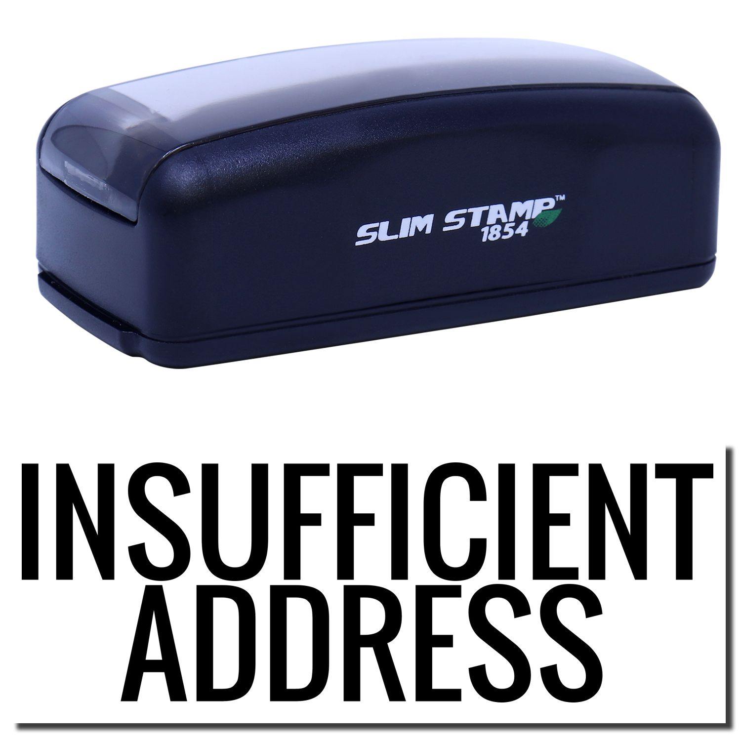 Large Pre-Inked Insufficient Address Stamp in black, with INSUFFICIENT ADDRESS text below. Compact design, ideal for office use.