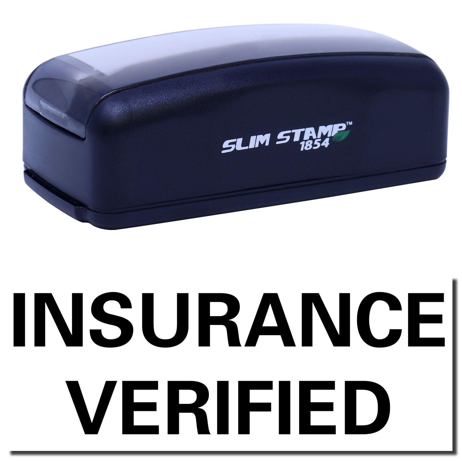 Large Pre-Inked Insurance Verified Stamp in black with SLIM STAMP 1854 branding, shown above a stamped INSURANCE VERIFIED text.