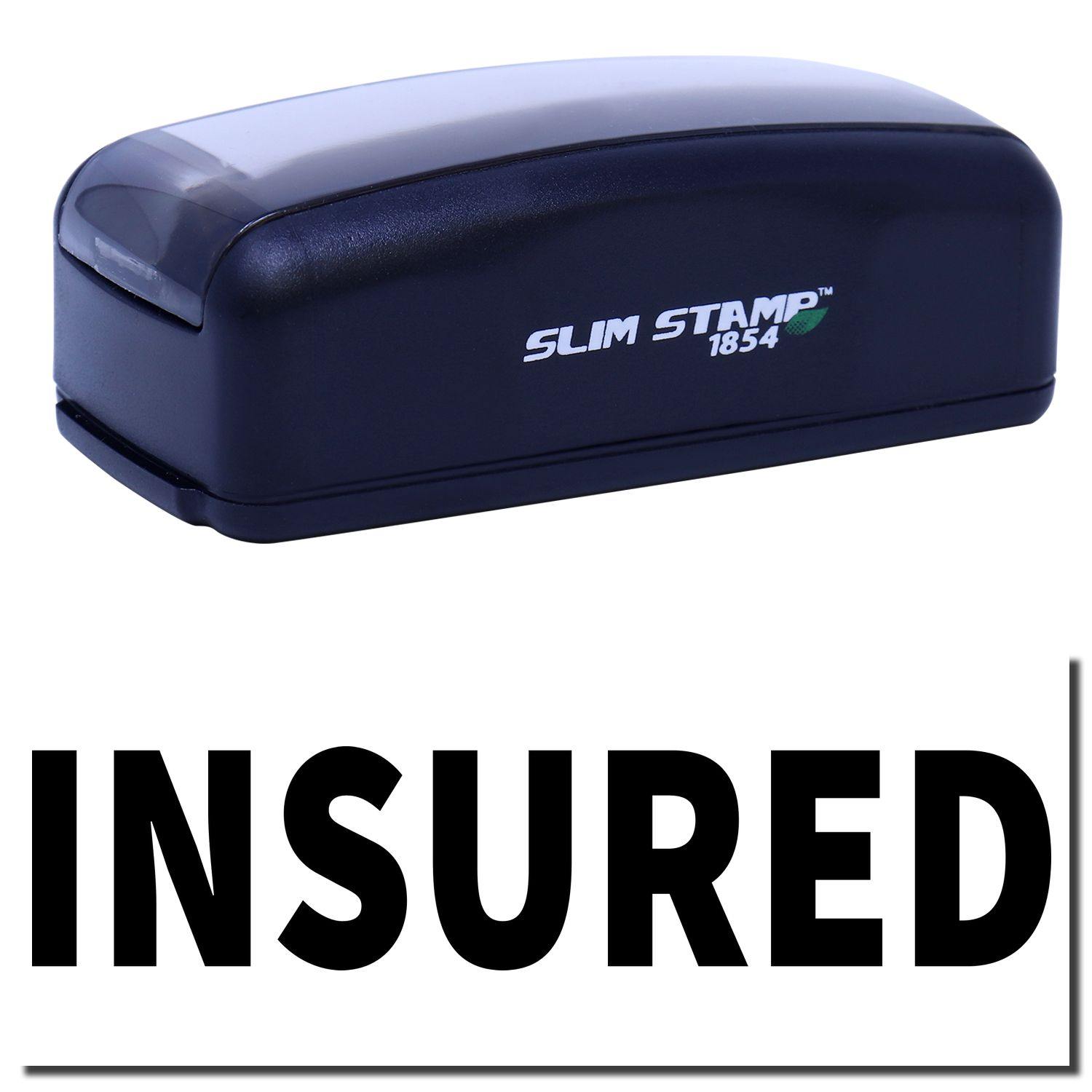 Large Pre-Inked Insured Stamp in black with INSURED text below. Compact design, ideal for marking documents quickly and efficiently.