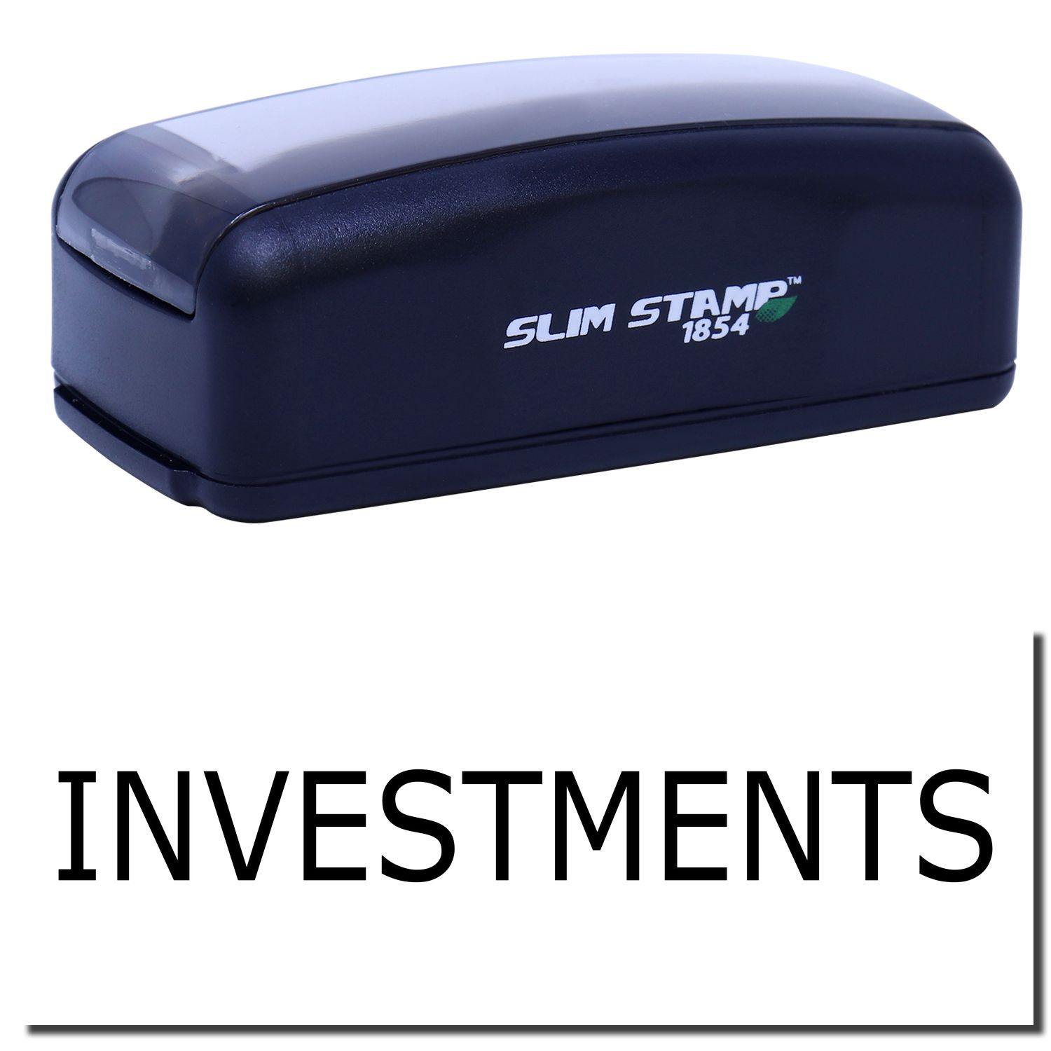 Large Pre-Inked Investments Stamp in black with INVESTMENTS text imprint, featuring a compact, sleek design.