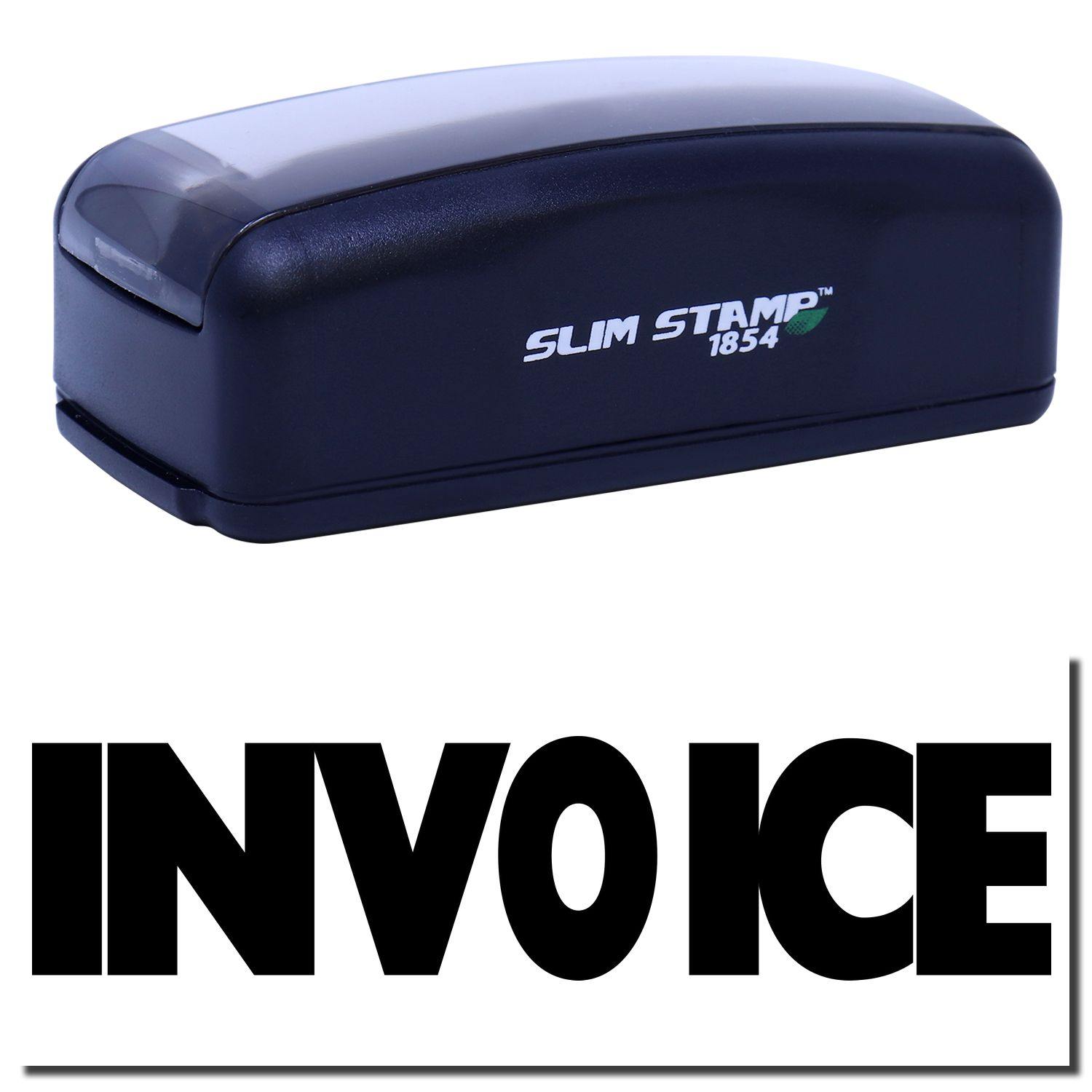 Large Pre-Inked Invoice Stamp with black casing and INVOICE text in bold black letters below.