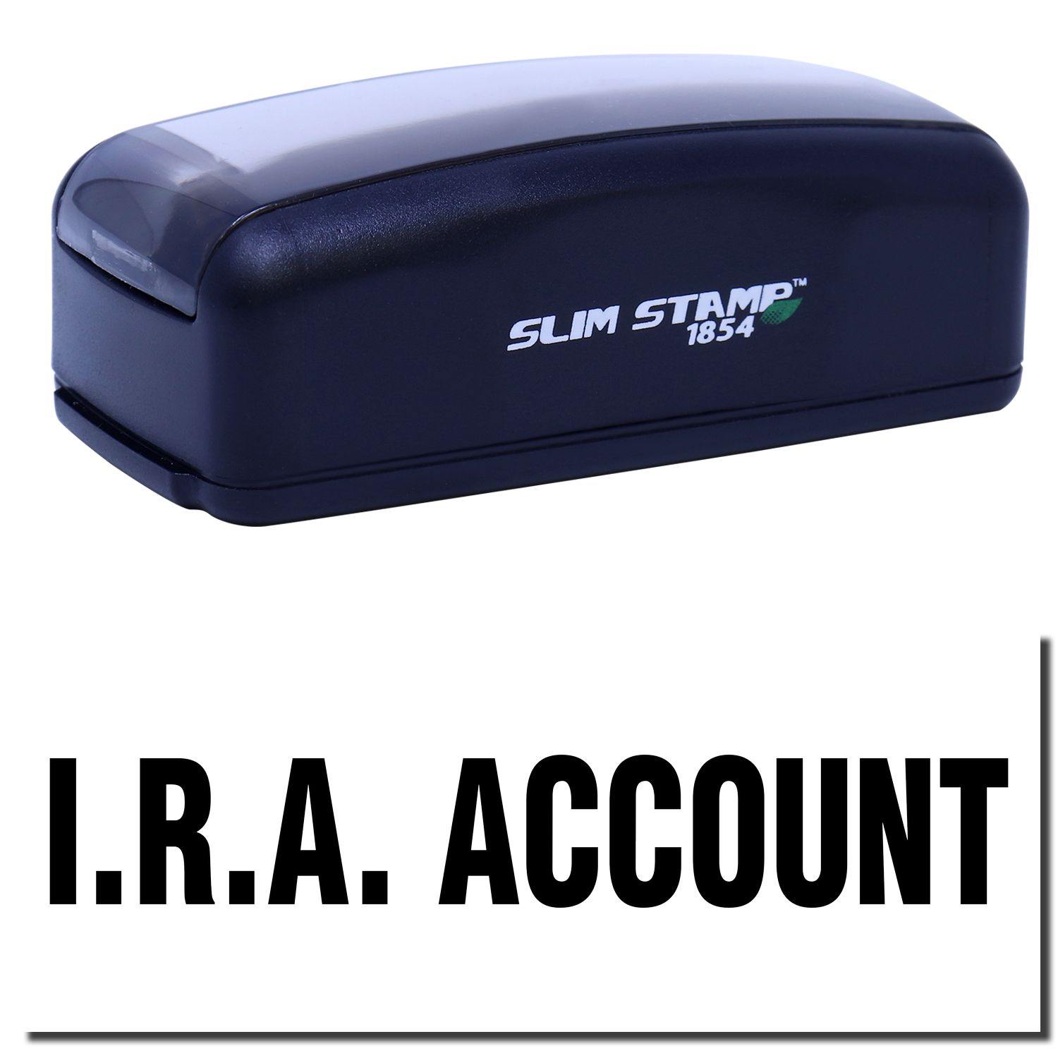 Large Pre-Inked I.R.A. Account Stamp with black casing and SLIM STAMP 1854 branding, shown above bold I.R.A. ACCOUNT text.