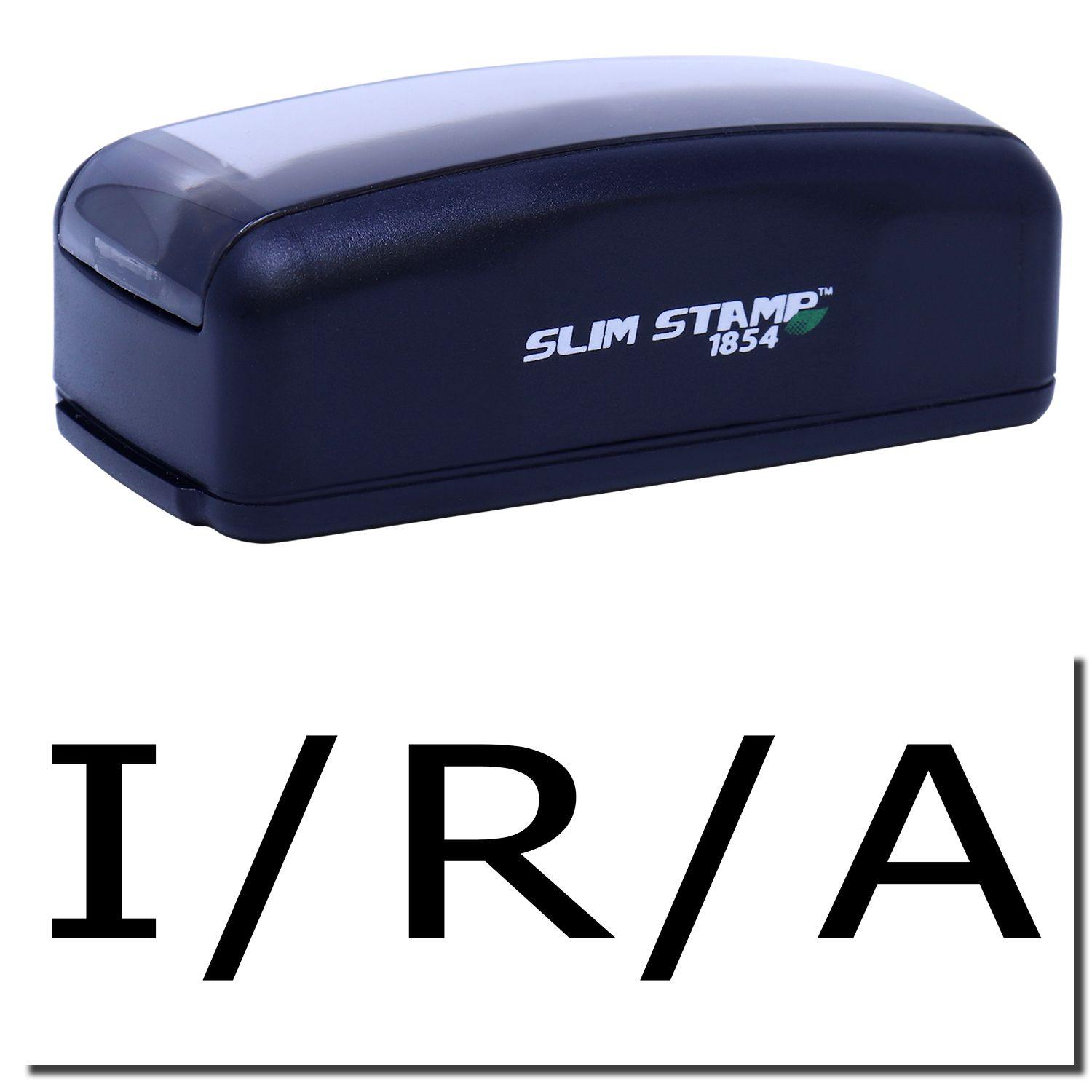 Large Pre-Inked I/R/A Stamp in black with SLIM STAMP 1854 branding, shown with bold I/R/A text below.