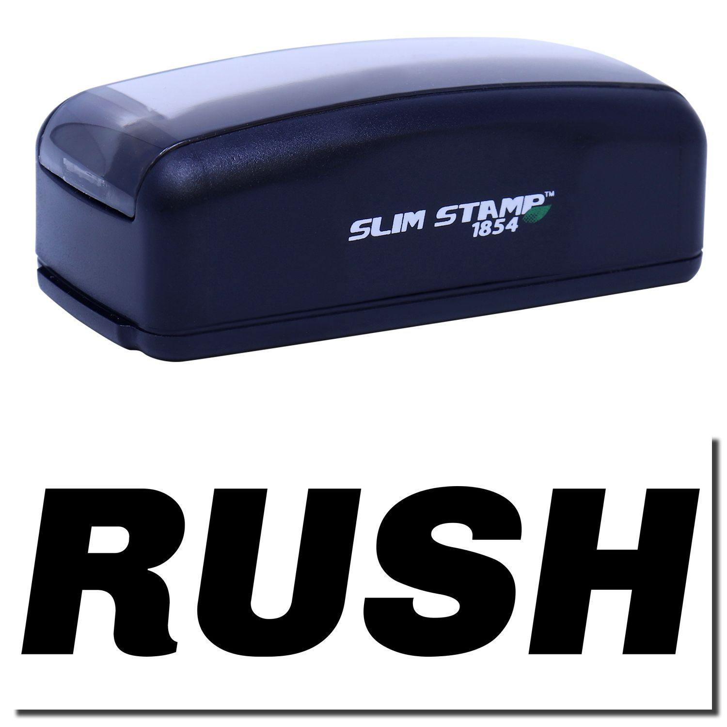 Large Pre-Inked Italic Rush Stamp in black with RUSH text imprint. Compact design with SLIM STAMP 1854 branding on the side.