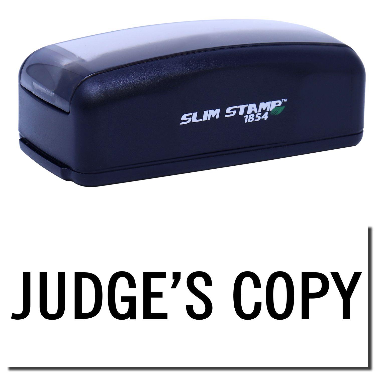 Large Pre-Inked Judge's Copy Stamp in black with Judge's Copy text imprint, featuring a compact design and Slim Stamp 1854 branding.