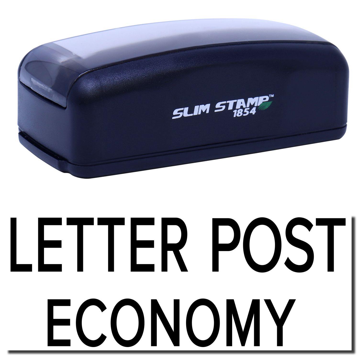 Large Pre-Inked Letter Post Economy Stamp in black with SLIM STAMP 1854 branding, shown above the stamped text LETTER POST ECONOMY.