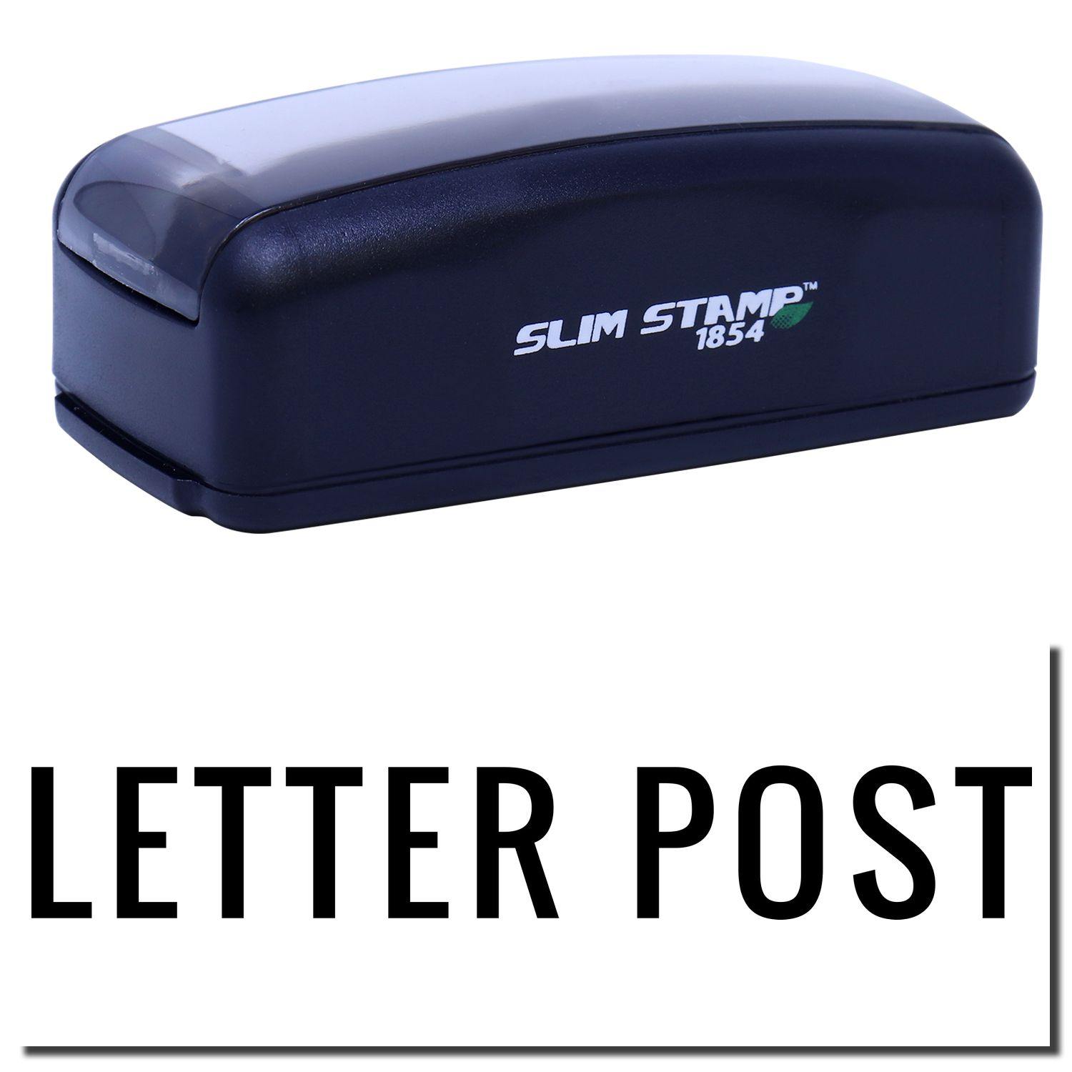 Large Pre-Inked Letter Post Stamp in black with SLIM STAMP 1854 branding, shown above a stamped LETTER POST text.