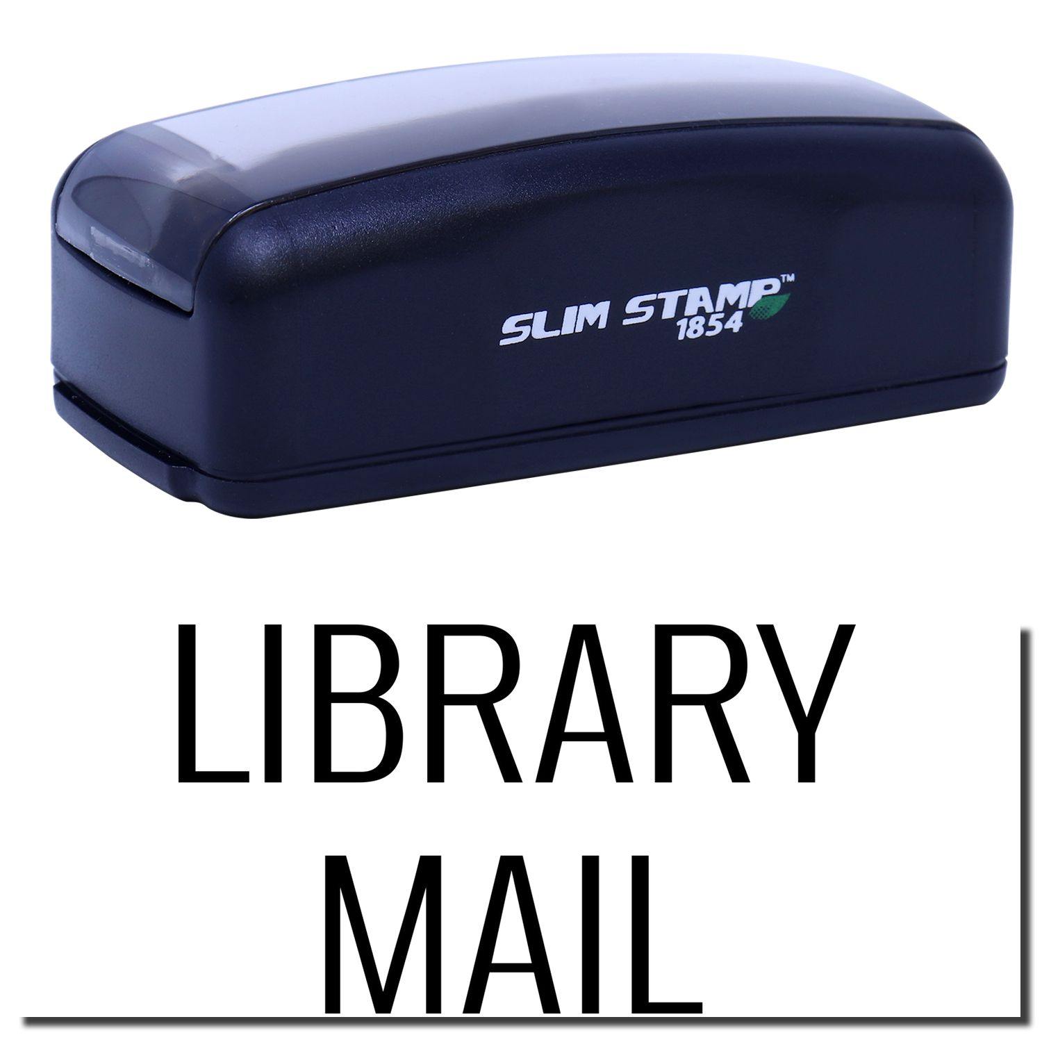 Large Pre-Inked Library Mail Stamp in black with LIBRARY MAIL text below. Compact design, ideal for efficient library mail processing.