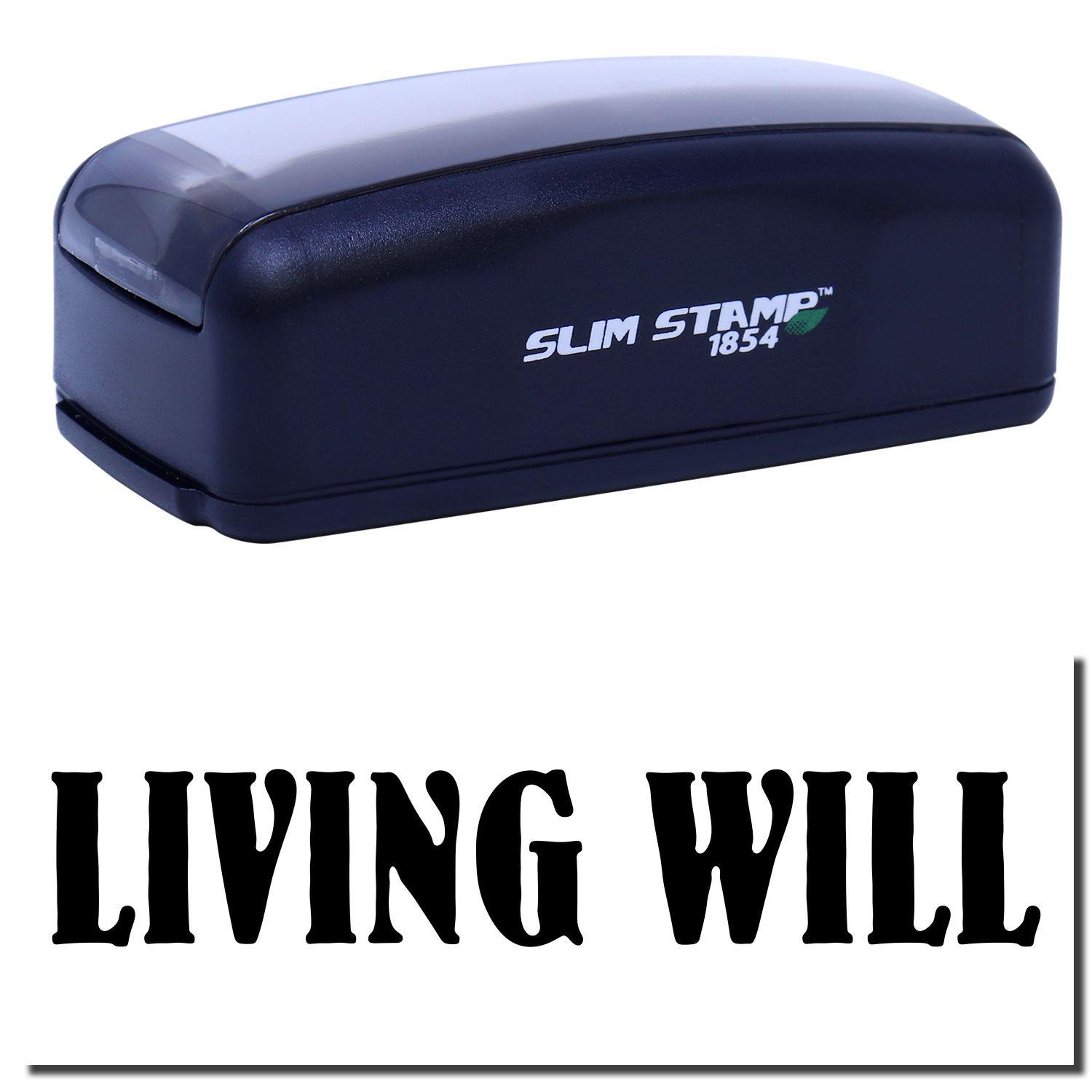 Large Pre-Inked Living Will Stamp in black with LIVING WILL text stamped below. Compact design with SLIM STAMP 1854 label.