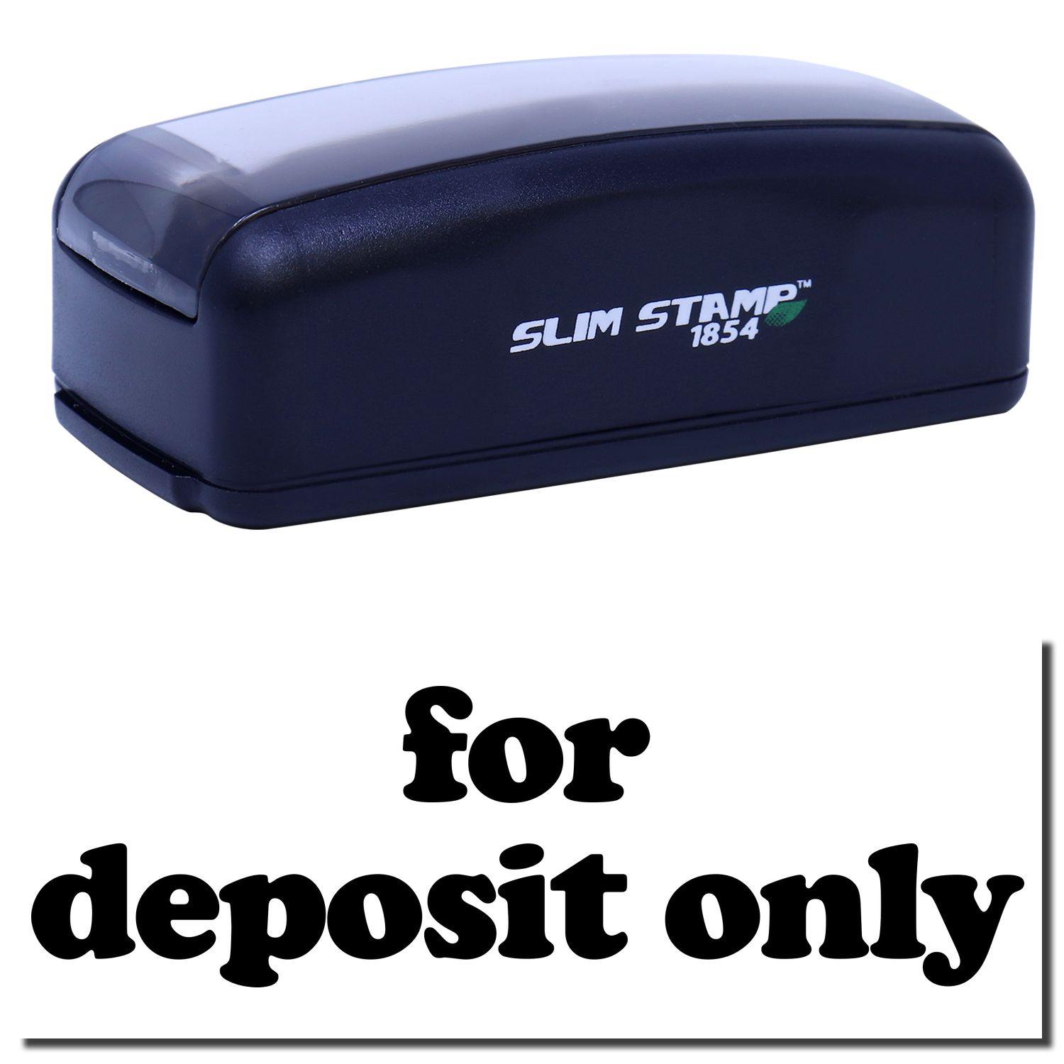 Large Pre-Inked Lowercase For Deposit Only Stamp, black, with for deposit only text displayed below the stamp.