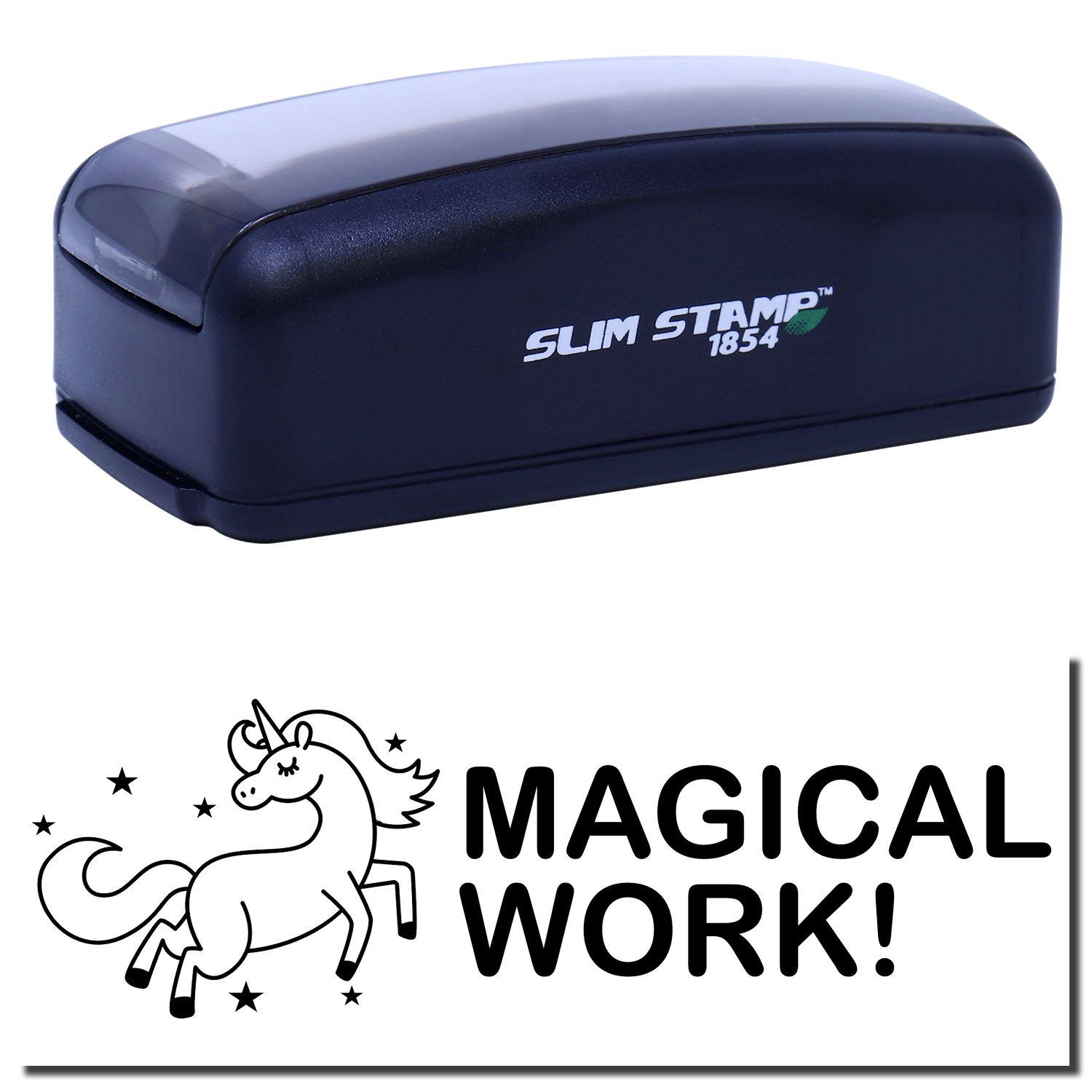 Large Pre-Inked Magical Work Stamp in black with a unicorn design and the text MAGICAL WORK! below it.