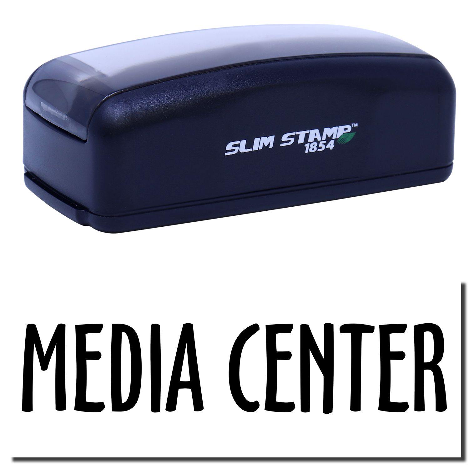 Large Pre-Inked Media Center Stamp in black with SLIM STAMP 1854 text, shown above the words MEDIA CENTER in bold black font.