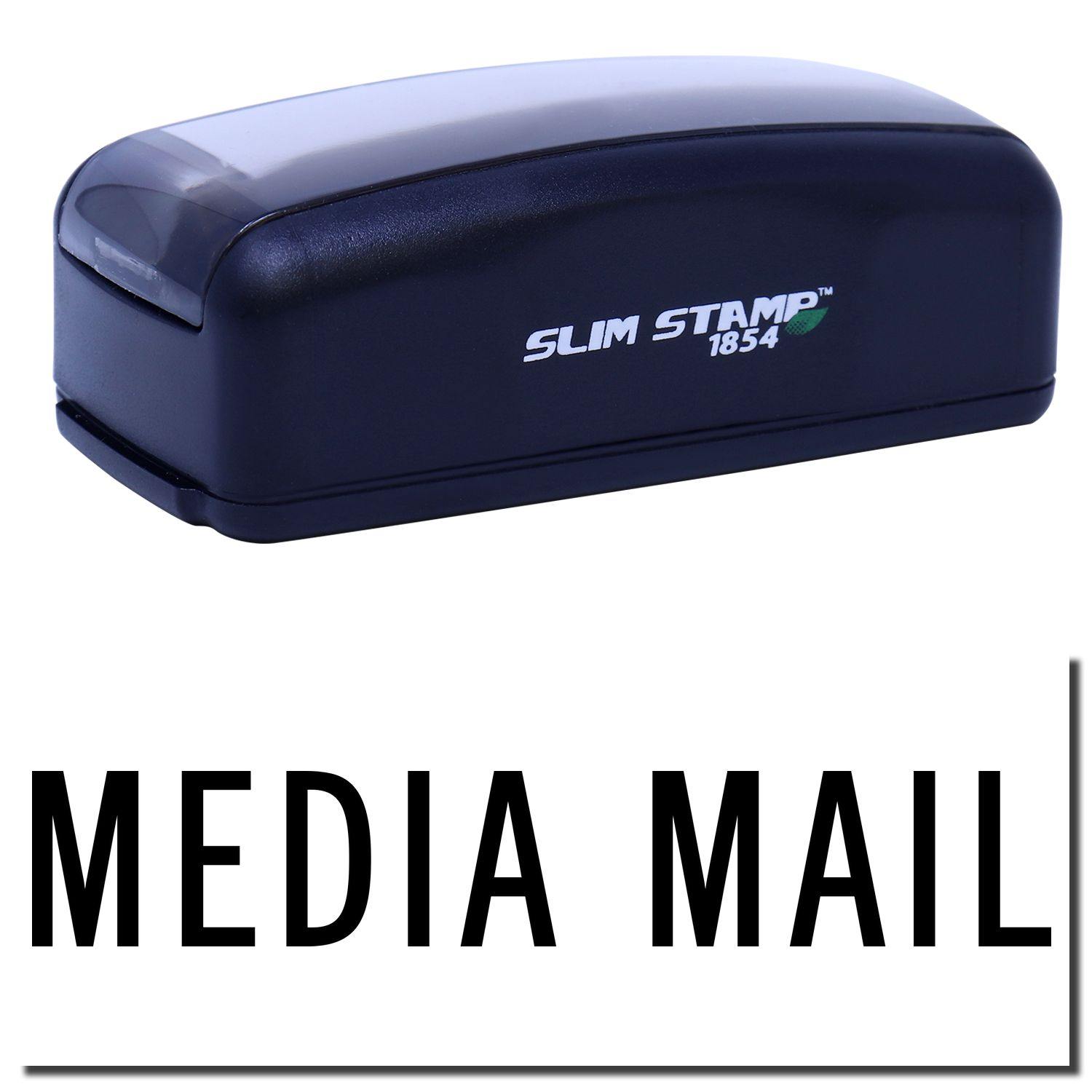 Large Pre-Inked Media Mail Stamp in black with SLIM STAMP 1854 branding, shown above a MEDIA MAIL imprint.