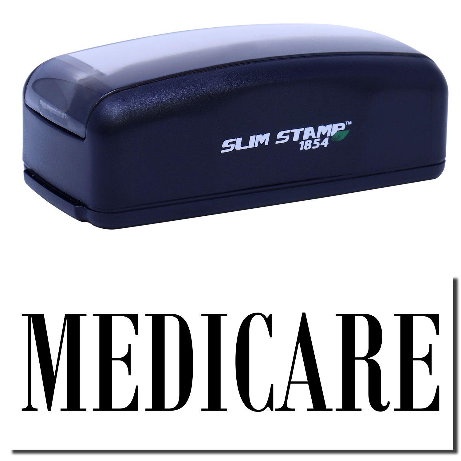 Large Pre-Inked Medicare Stamp in black with SLIM STAMP 1854 text on the side, shown above the word MEDICARE in bold letters.