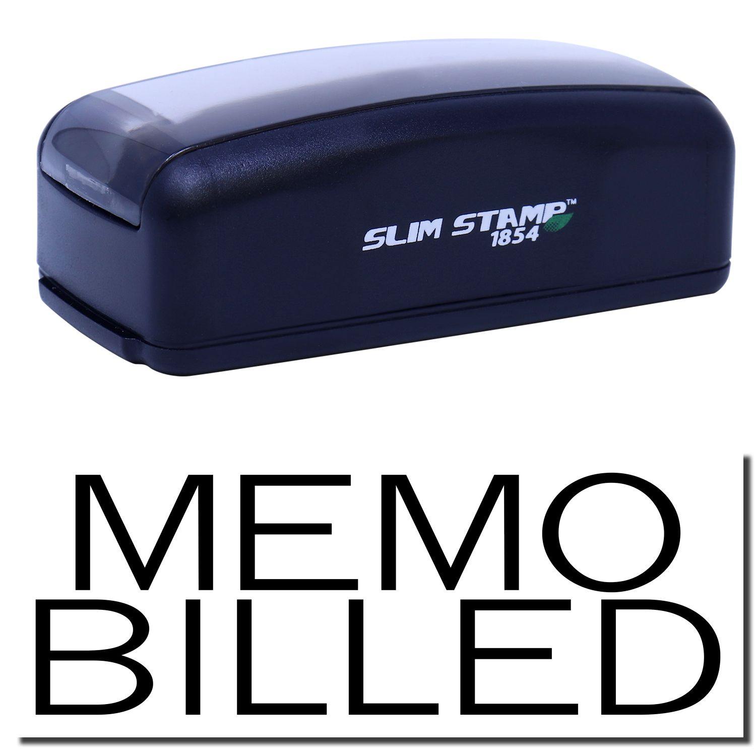 Large Pre-Inked Memo Billed Stamp in black with MEMO BILLED text below. Compact design, ideal for office use.