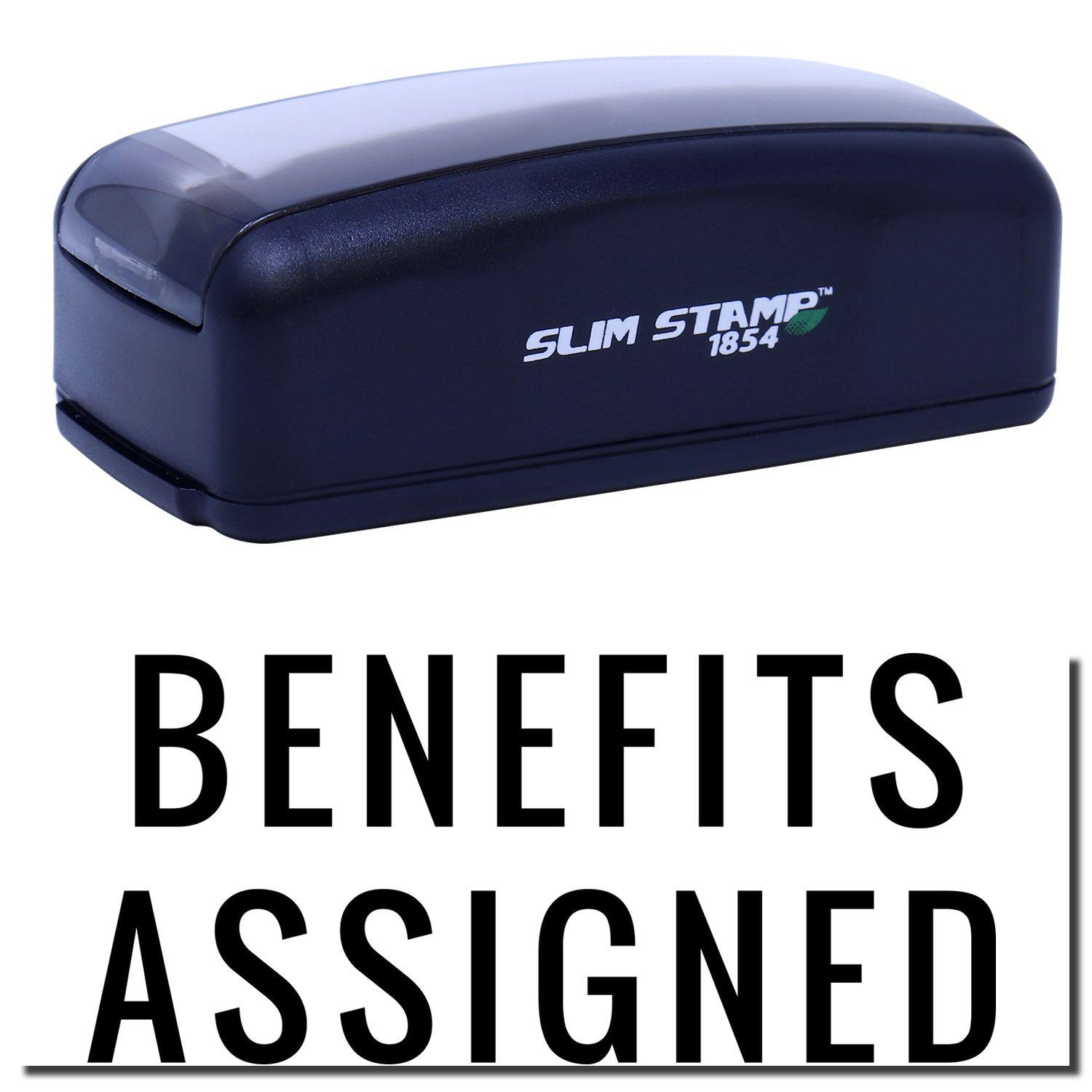 Large Pre-Inked Narrow Benefits Assigned Stamp in black, with Benefits Assigned text below. Compact and efficient for office use.