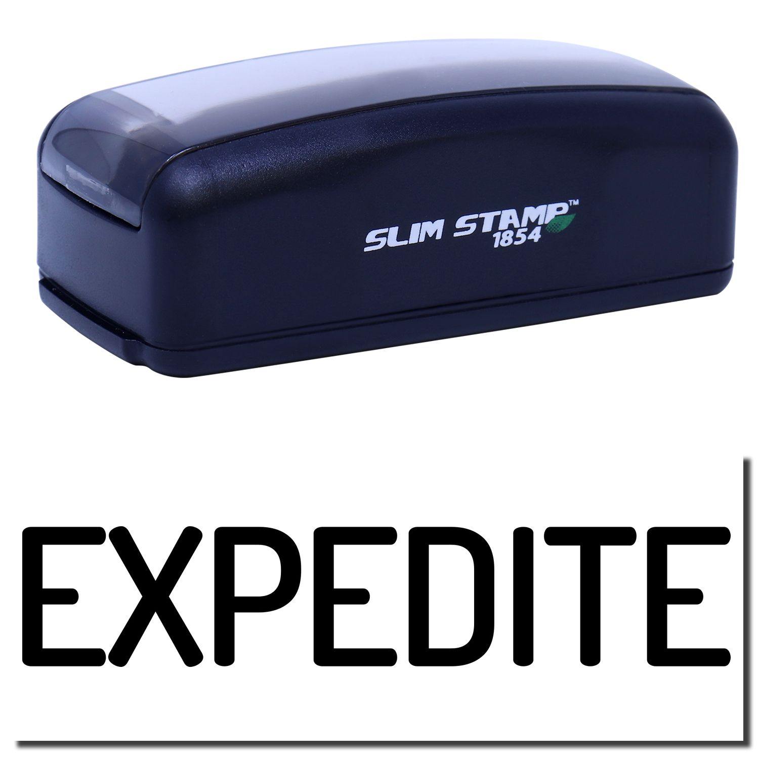 Large Pre-Inked Narrow Expedite Stamp in black with EXPEDITE text imprint, featuring a compact, sleek design for efficient stamping.