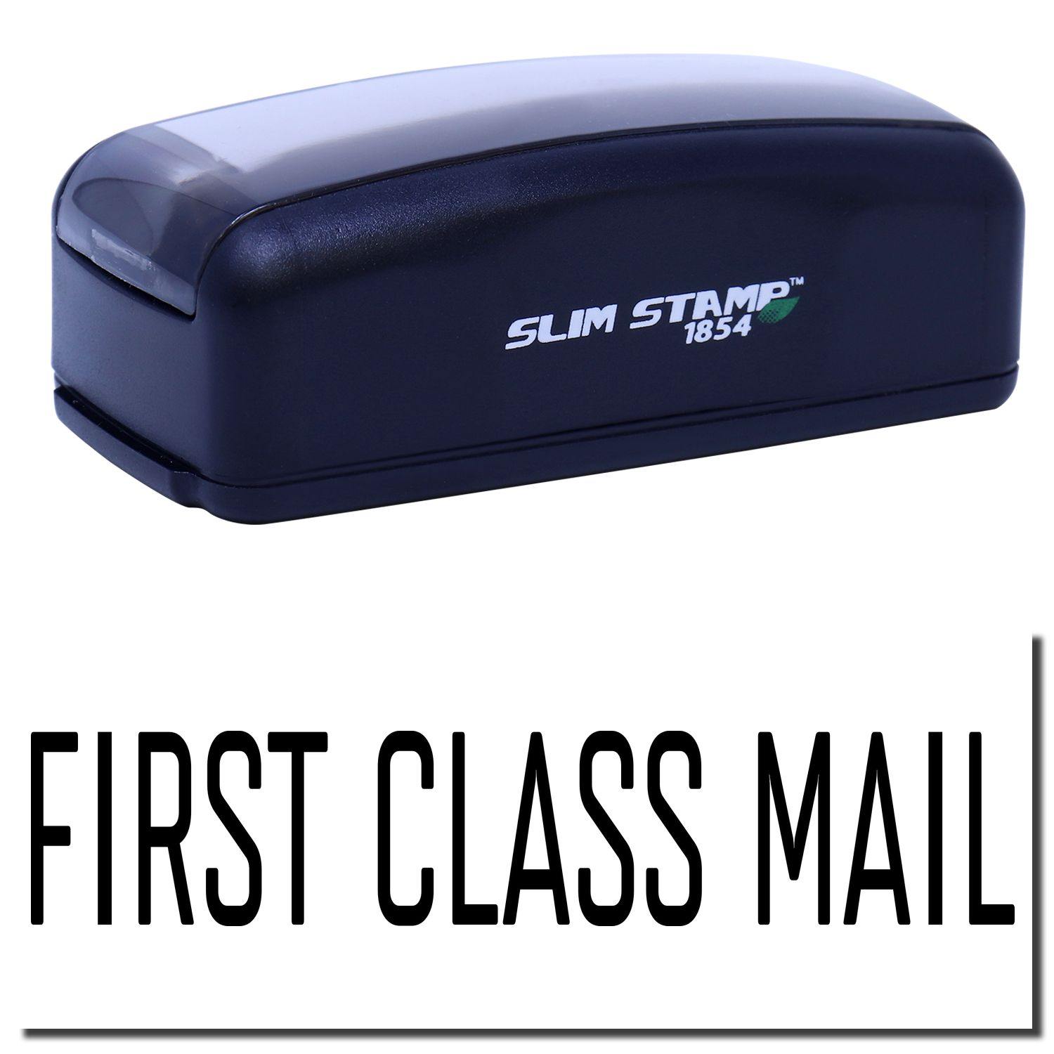 Large Pre-Inked Narrow Font First Class Mail Stamp in black with First Class Mail text imprint shown below the stamp.