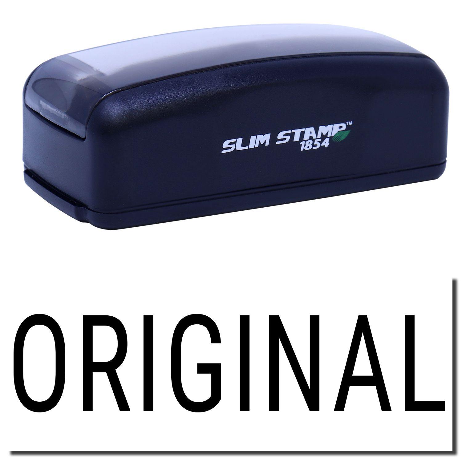 Large Pre-Inked Narrow Font Original Stamp in black, featuring a sleek design with SLIM STAMP 1854 branding on the side.