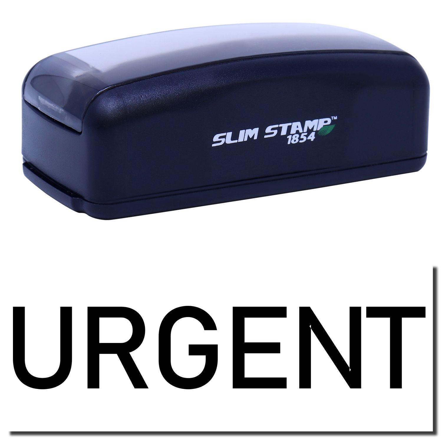 Large Pre-Inked Narrow Font Urgent Stamp in black with URGENT text displayed below. Compact design, ideal for office use.