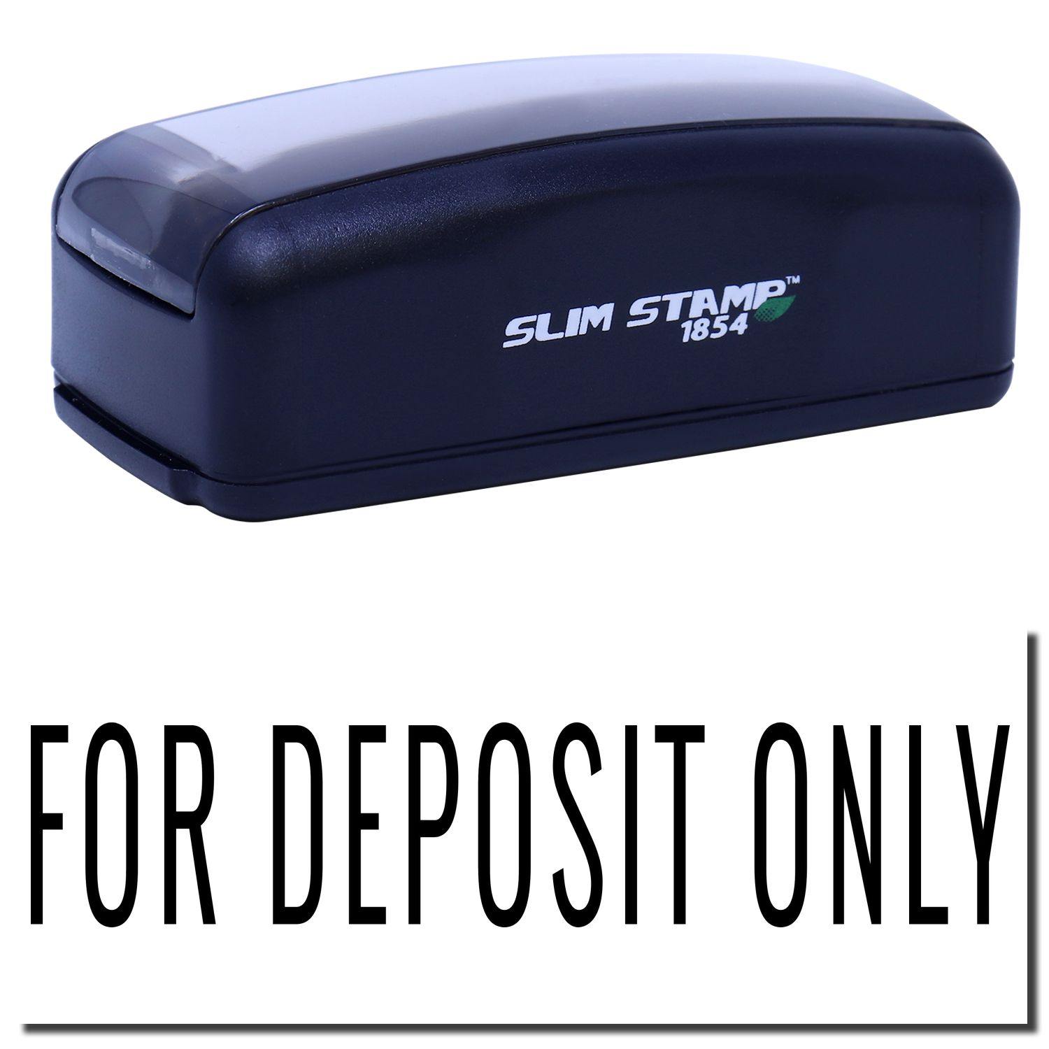 Large Pre-Inked Narrow For Deposit Only Stamp in black, featuring a compact design with FOR DEPOSIT ONLY text.