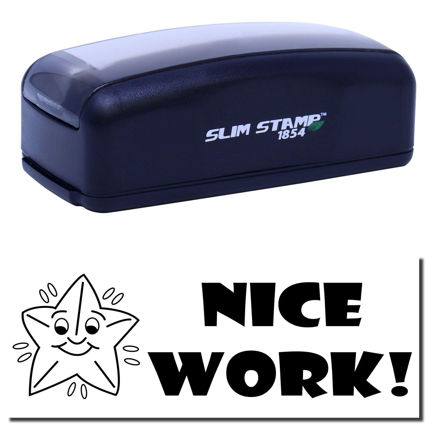 Large Pre-Inked Nice Work Stamp in black with SLIM STAMP 1854 text, and a stamped image of a smiling star and NICE WORK! text.