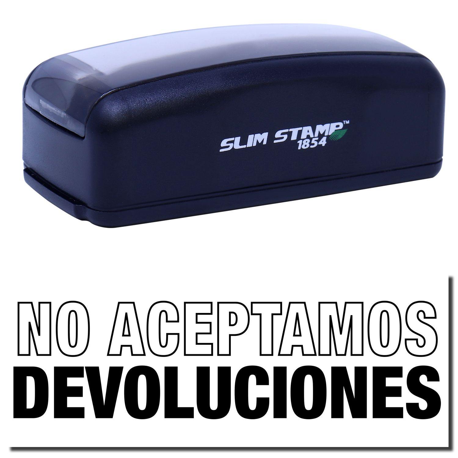 Large Pre-Inked No Aceptamos Devolucions Stamp in black with No Aceptamos Devoluciones text below. Compact and ready for use.