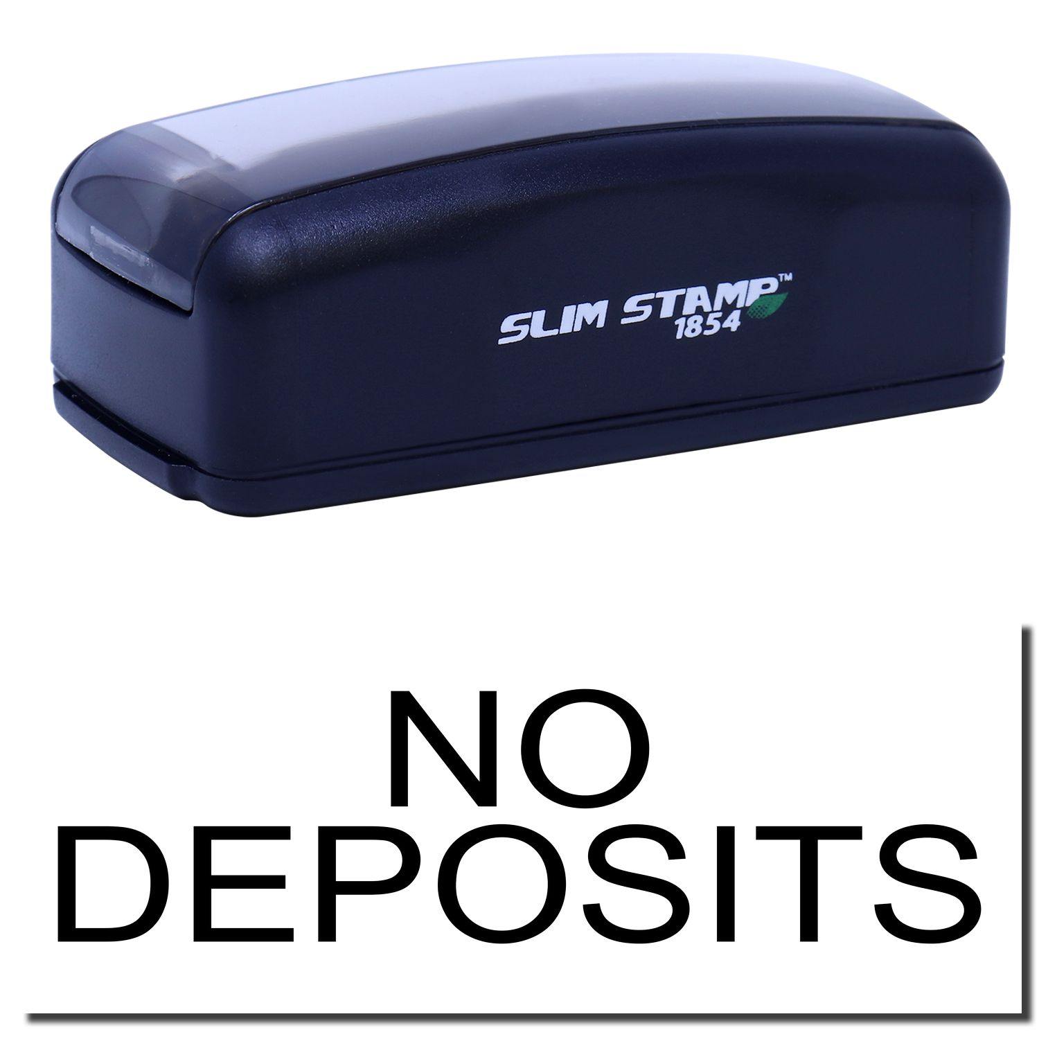 Large Pre-Inked No Deposits Stamp in black with NO DEPOSITS text. Compact design, ideal for office use.