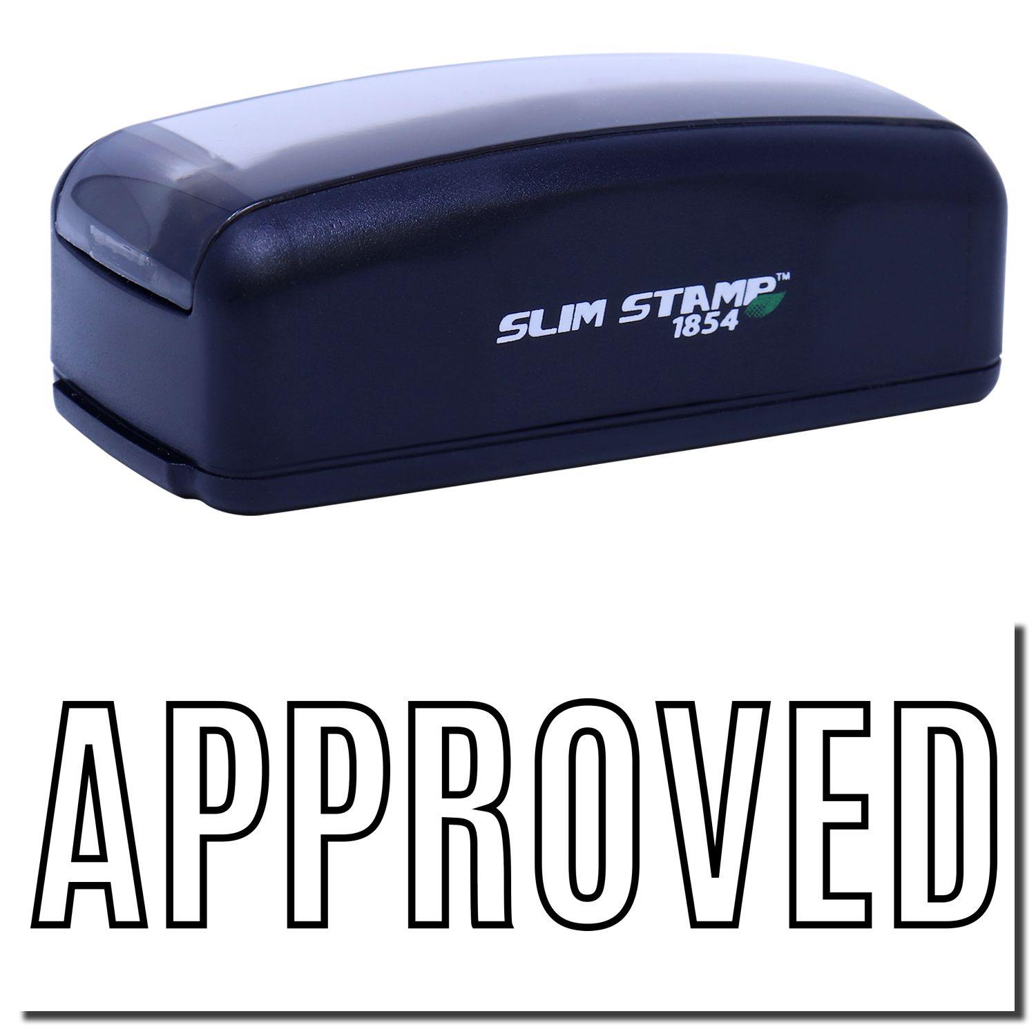 Large Pre-Inked Outline Approved Stamp with black casing and "APPROVED" text imprint in bold outline font.