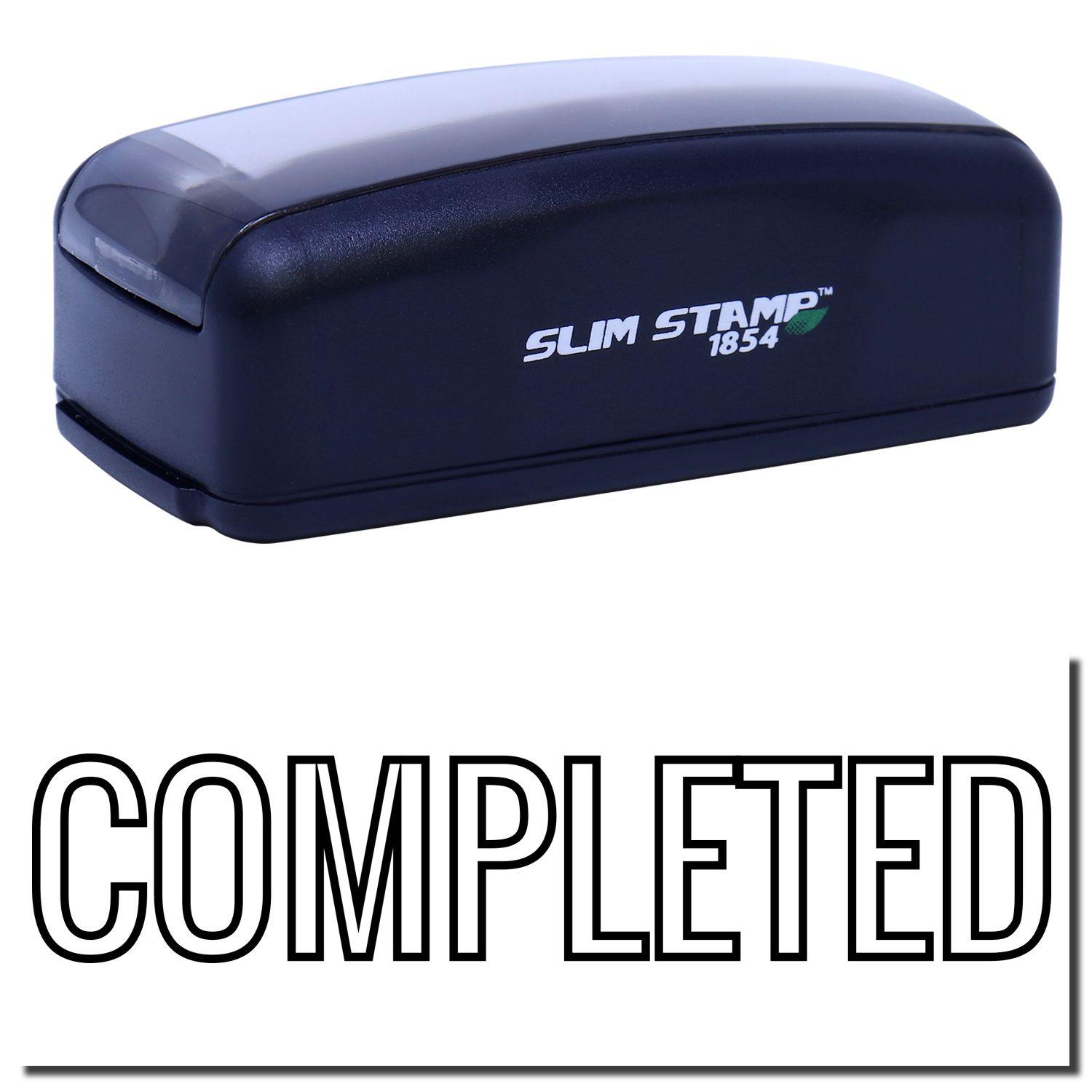 Large Pre-Inked Outline Completed Stamp in black with COMPLETED text below. Compact design, ideal for office use.