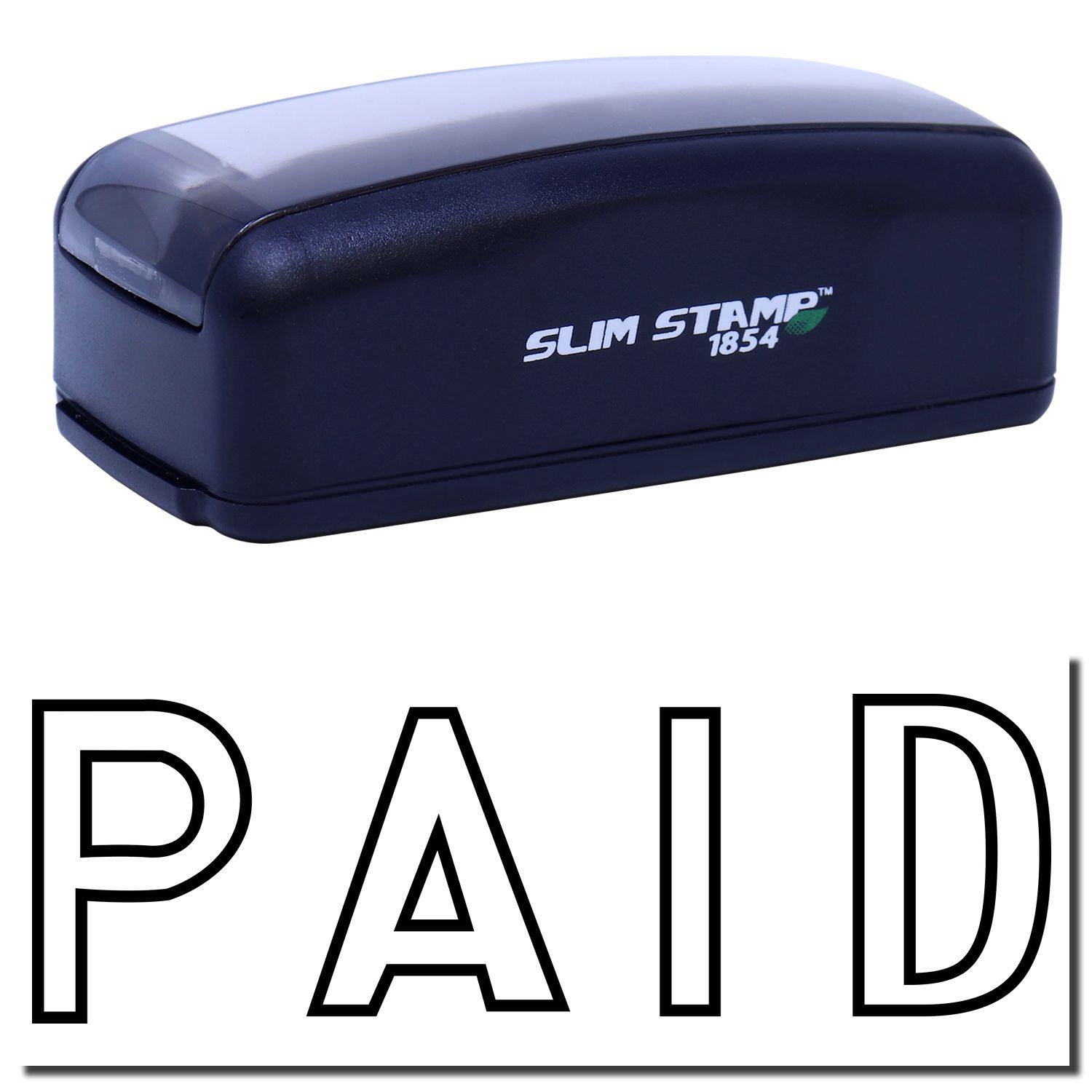 Large Pre-Inked Outline Paid Stamp in black with PAID text below, featuring a compact design and Slim Stamp 1854 branding.