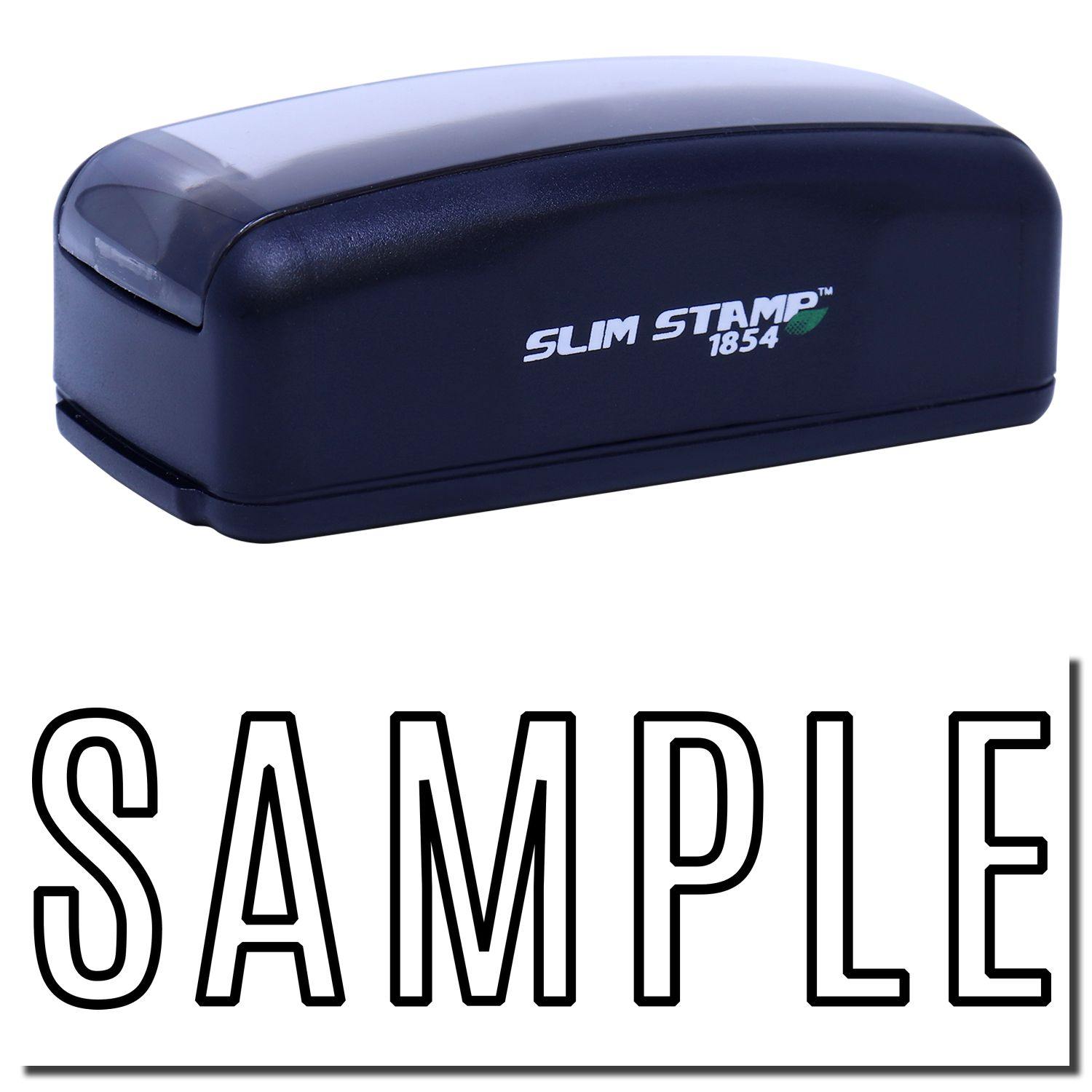 Large Pre-Inked Outline Sample Stamp in black with SLIM STAMP 1854 branding, shown above a stamped SAMPLE text in bold outline font.