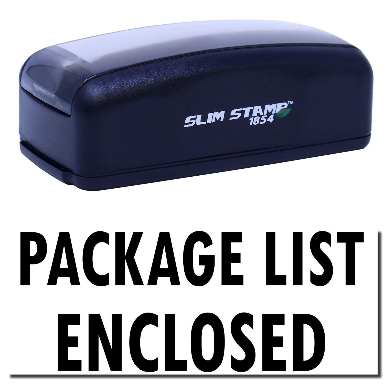 Large Pre-Inked Package List Enclosed Stamp in black with PACKAGE LIST ENCLOSED text below. Compact design, ideal for shipping needs.