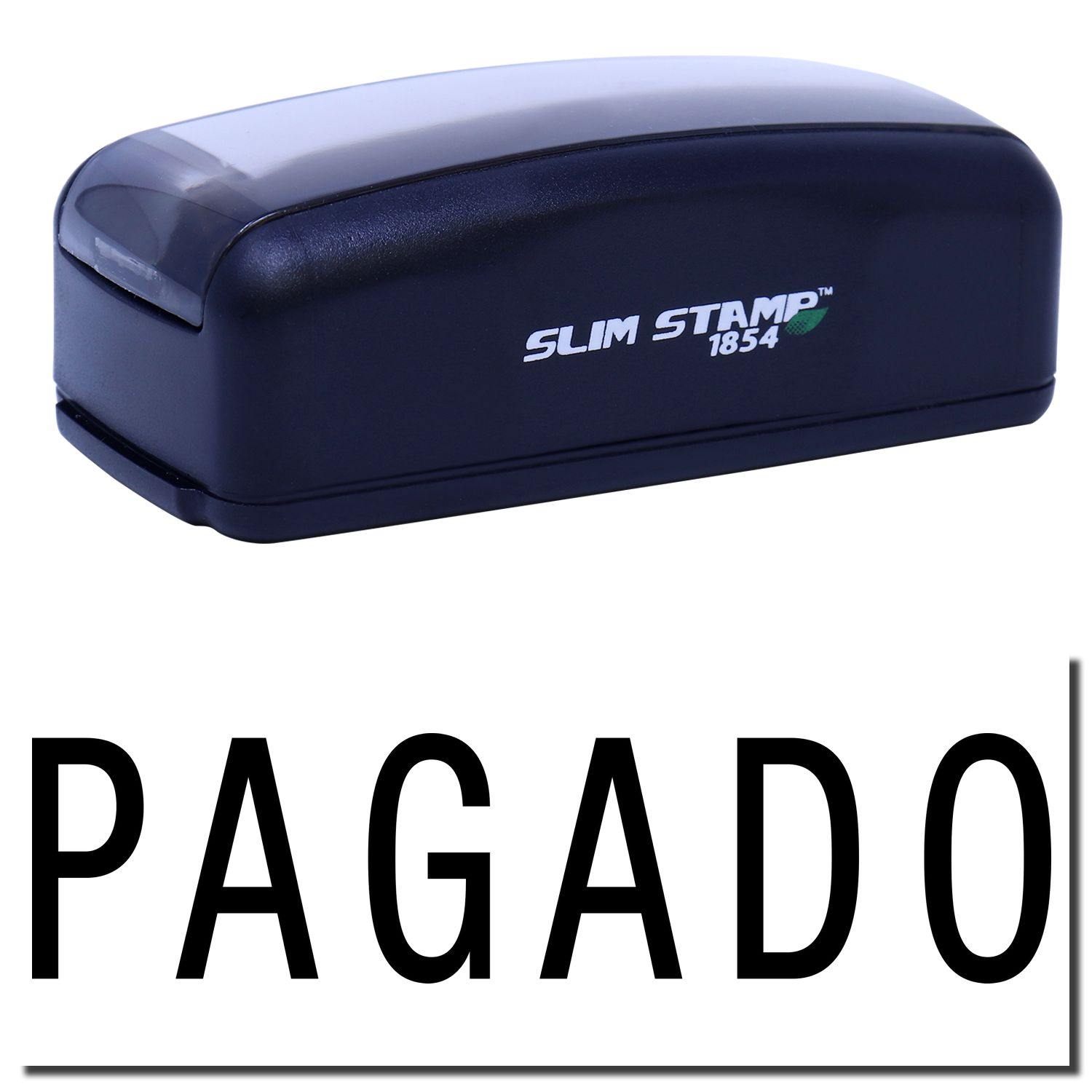 Large Pre-Inked Pagado Stamp in black with SLIM STAMP 1854 branding, shown with the word PAGADO stamped below.