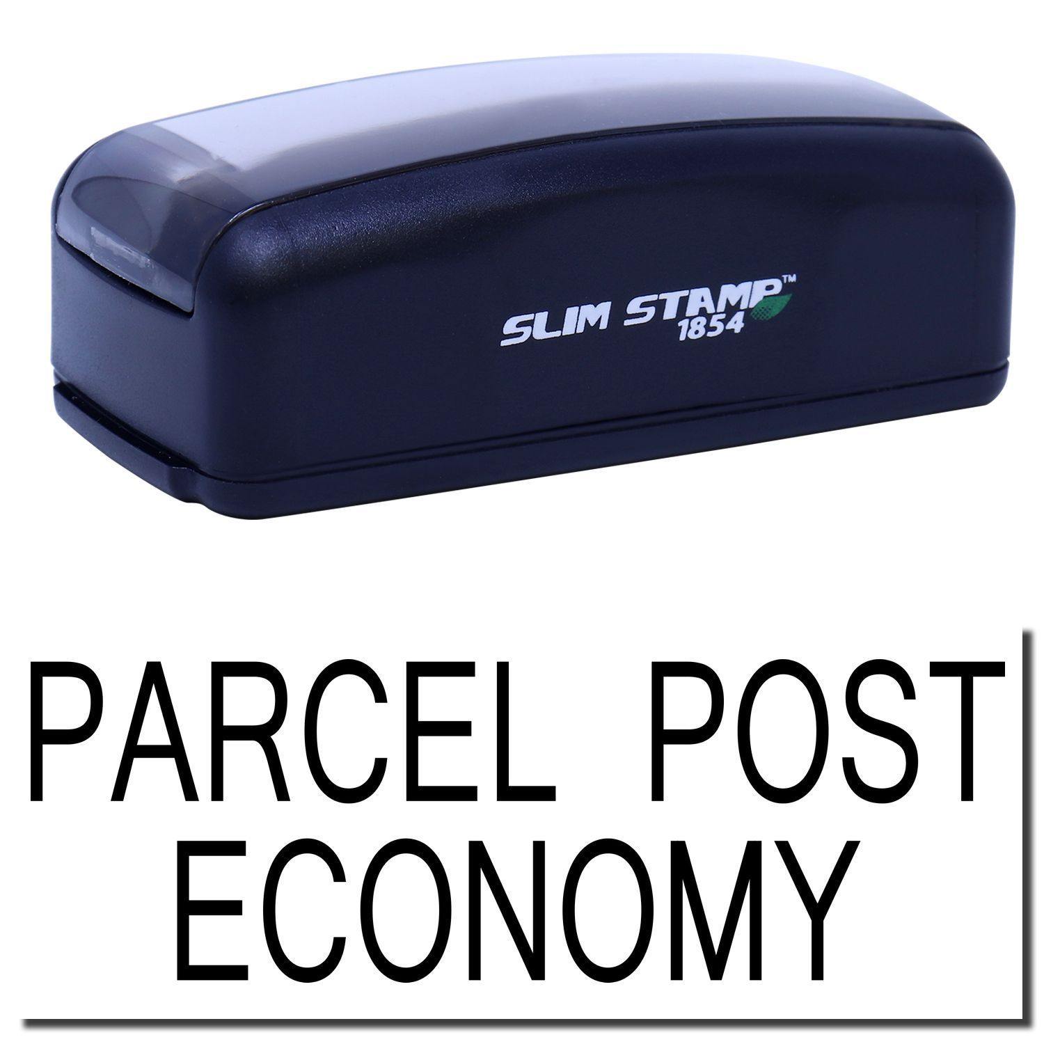 Large Pre-Inked Parcel Post Economy Stamp in black with SLIM STAMP 1854 text on the side, shown against a white background.