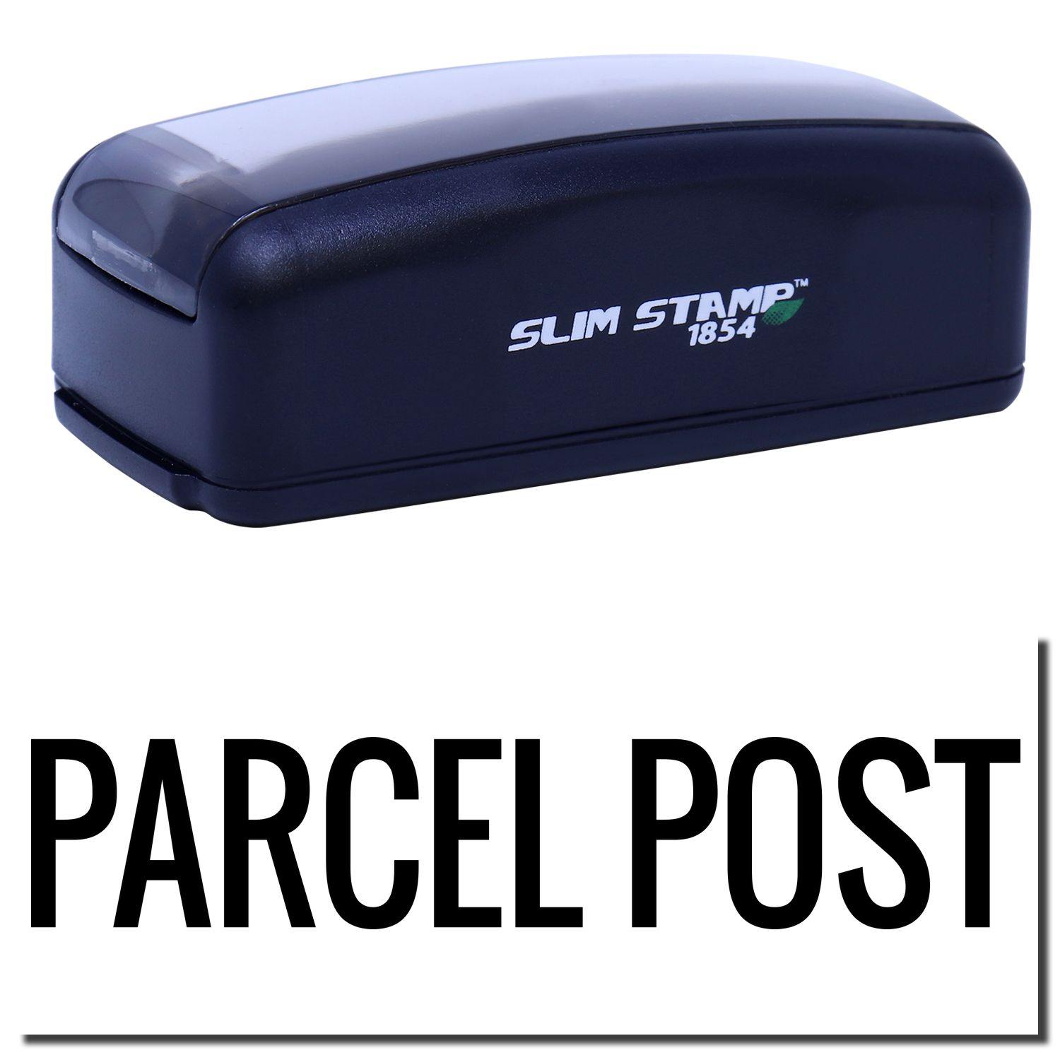 Large Pre-Inked Parcel Post Stamp in black with SLIM STAMP 1854 branding, shown with a clear imprint of PARCEL POST.