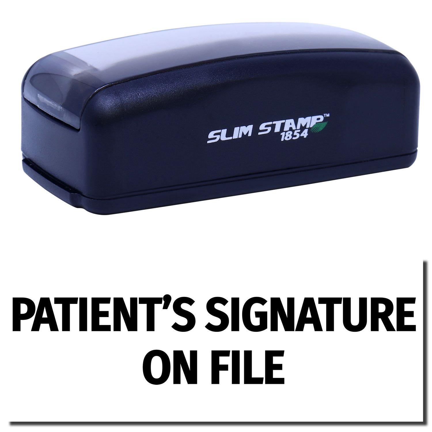 Large Pre-Inked Patients Signature on File Stamp, black, with PATIENT'S SIGNATURE ON FILE text, compact design, and Slim Stamp branding.