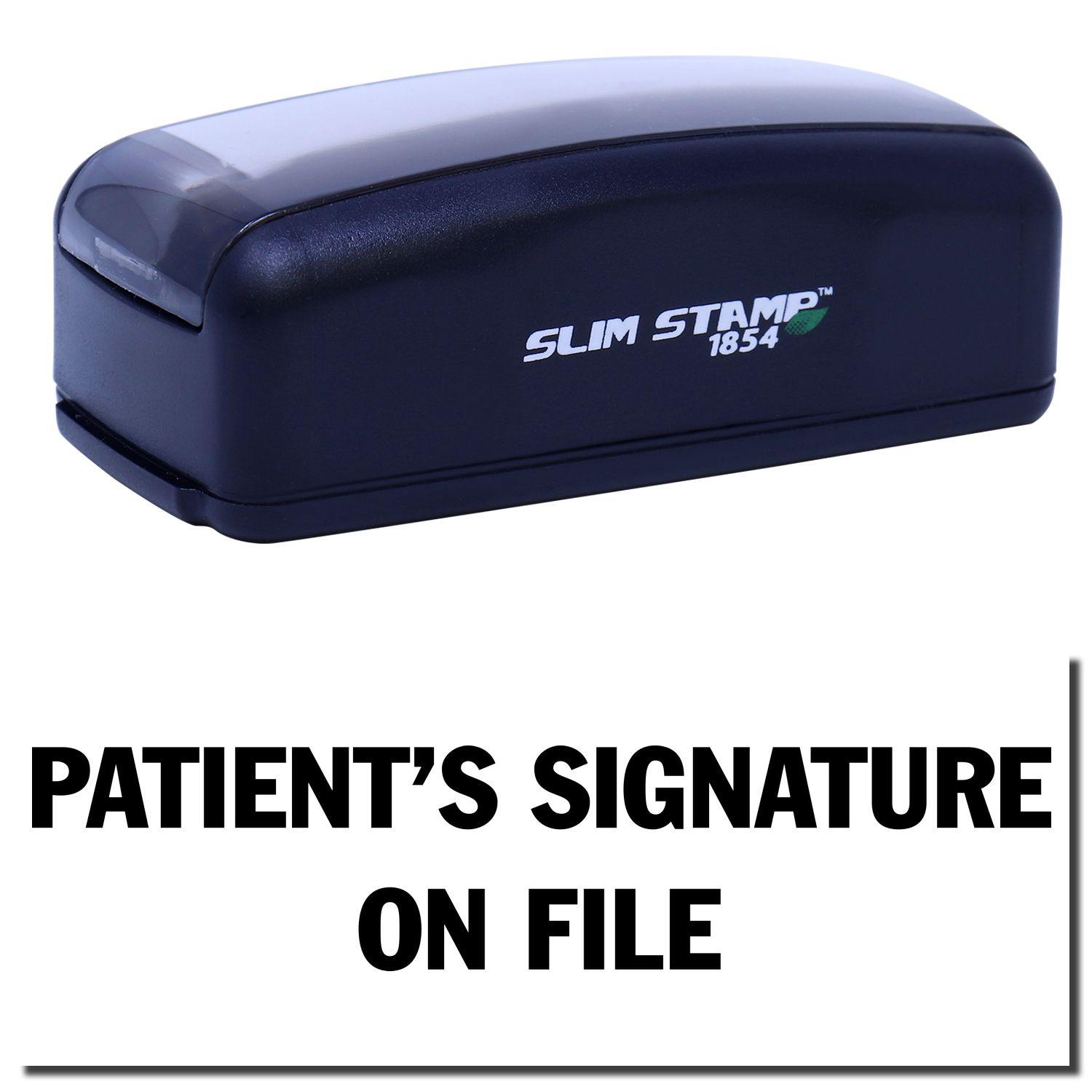 Image of a Large Pre-Inked Patient's Signature on File Stamp in black, with the text PATIENT'S SIGNATURE ON FILE displayed below.