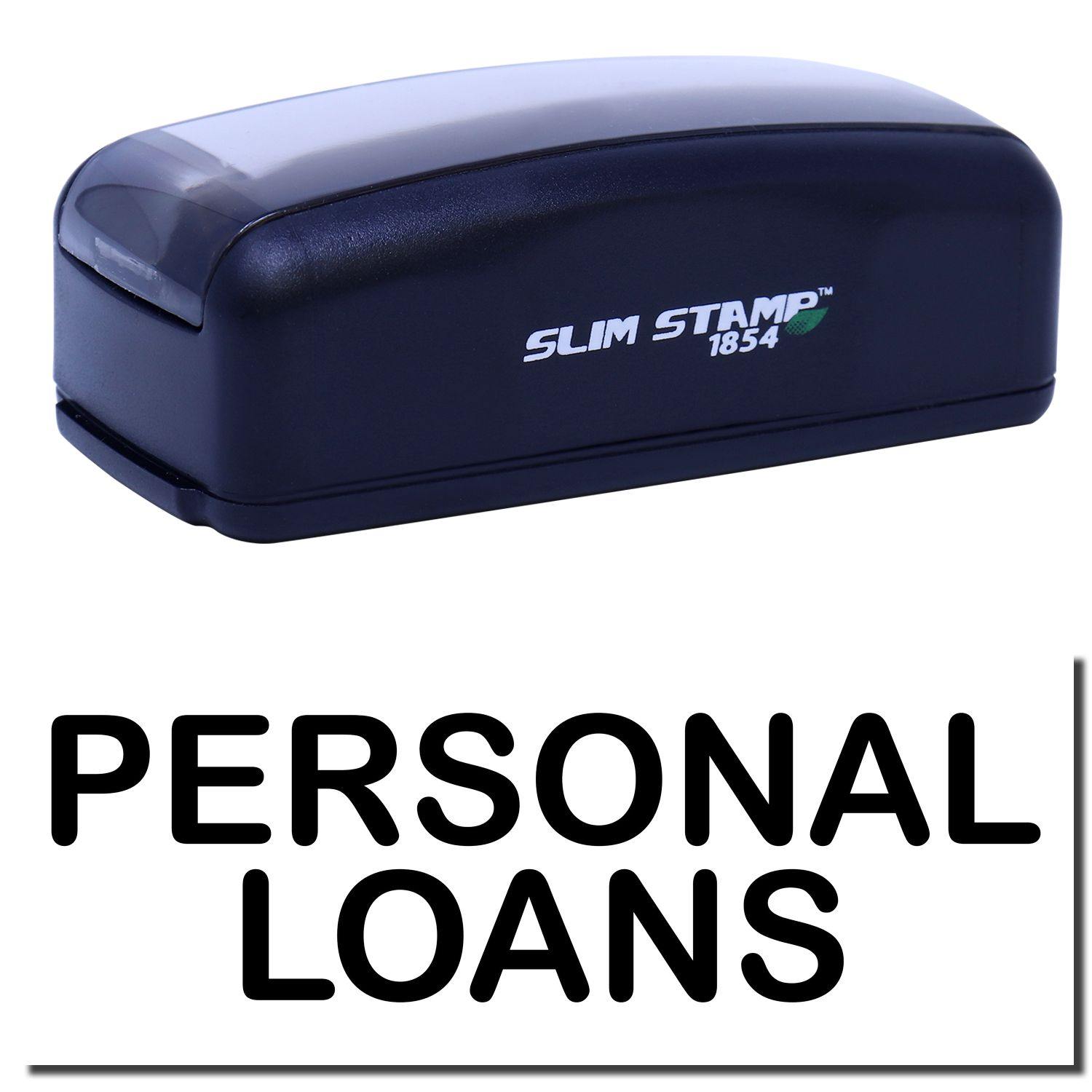 Large Pre-Inked Personal Loans Stamp in black with SLIM STAMP 1854 branding, shown above a stamped PERSONAL LOANS text.