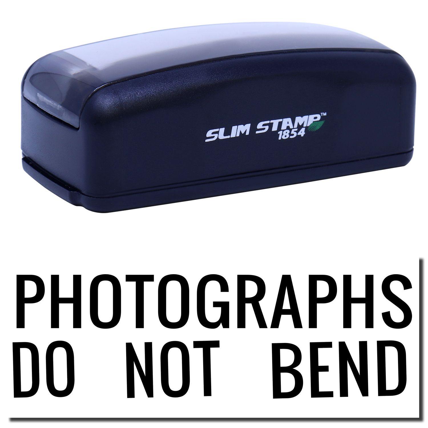 Large Pre-Inked Photographs Do Not Bend Stamp in black with PHOTOGRAPHS DO NOT BEND text, ideal for marking packages.