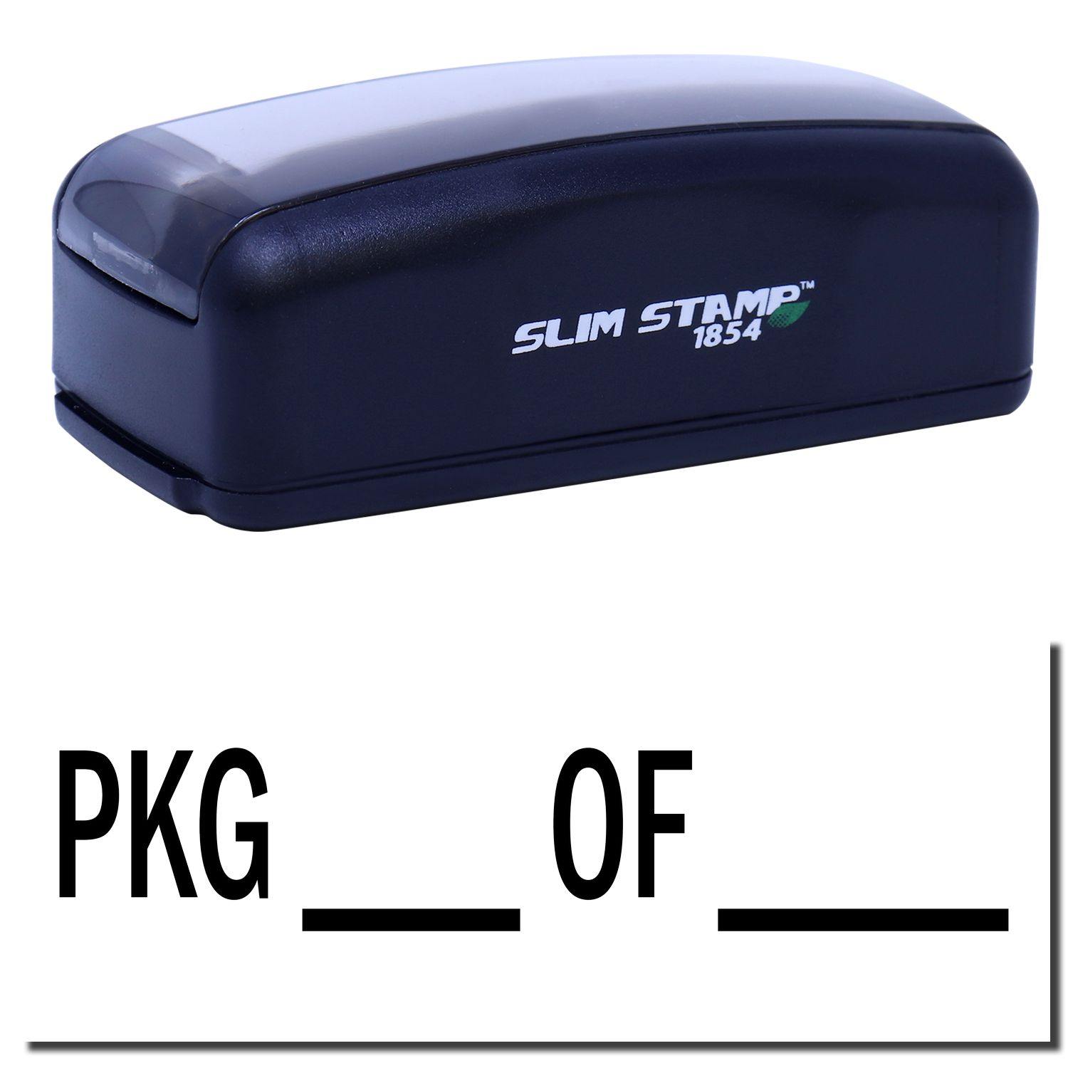 Large Pre-Inked Pkg Stamp in black with PKG ___ OF ___ text, ideal for labeling packages. Compact design with Slim Stamp 1854 branding.