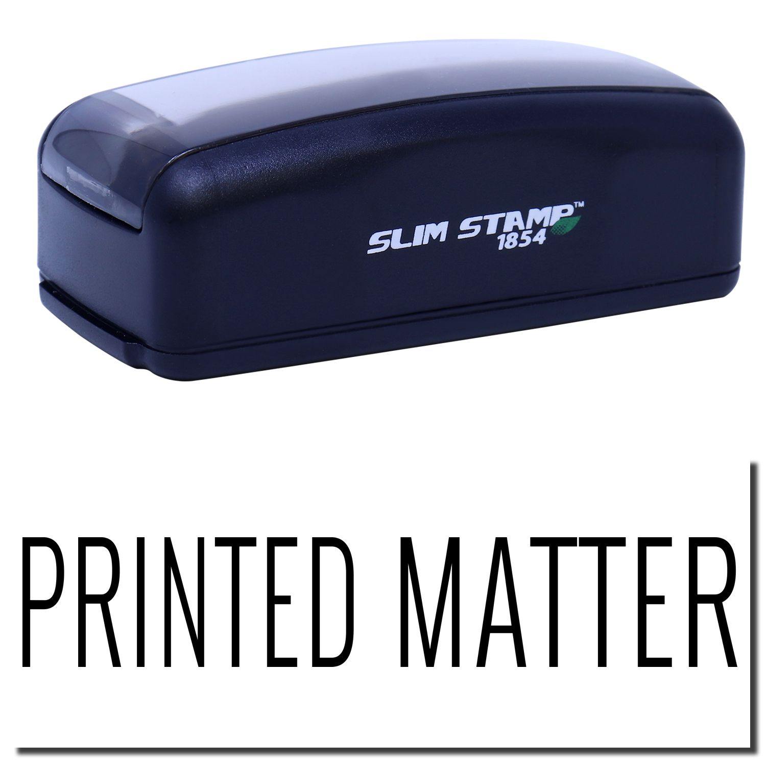 Large Pre-Inked Printed Matter Stamp in black with SLIM STAMP 1854 branding, shown above the text PRINTED MATTER in bold letters.