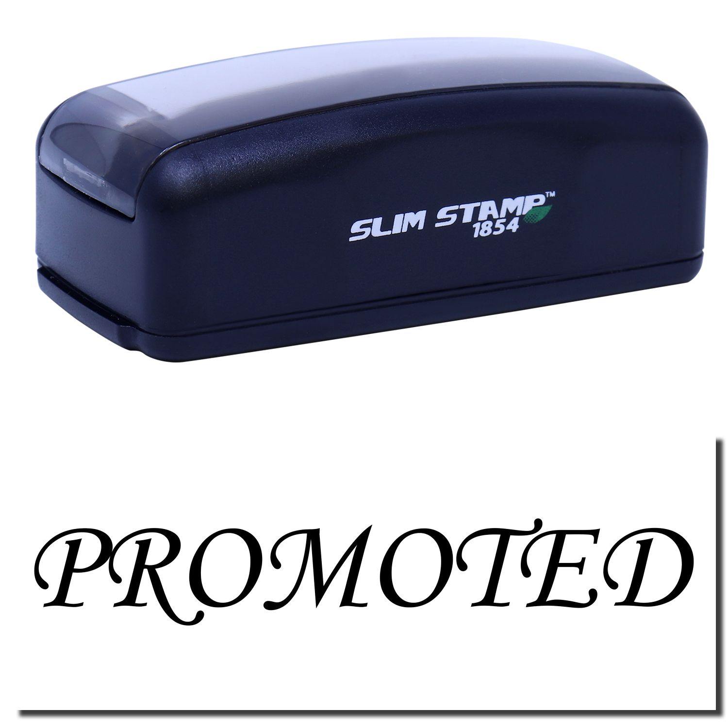 Large Pre-Inked Promoted Stamp in black with PROMOTED text below. Compact design, labeled SLIM STAMP 1854 on the side.