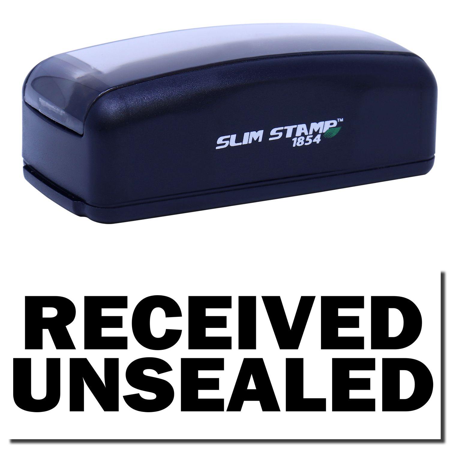 Large Pre-Inked Received Unsealed Stamp in black with RECEIVED UNSEALED text displayed below. Compact and efficient for office use.