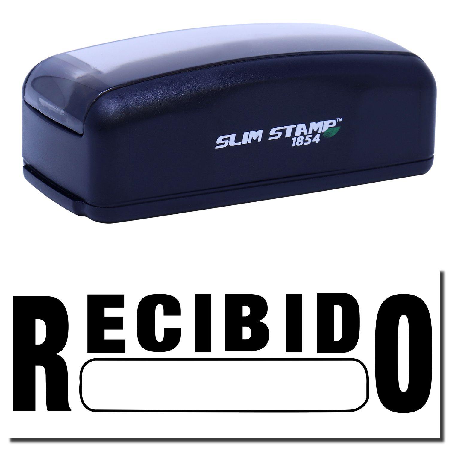 Large Pre-Inked Recibido Stamp in black with RECIBIDO text imprint, shown with the stamp and the resulting stamped image.