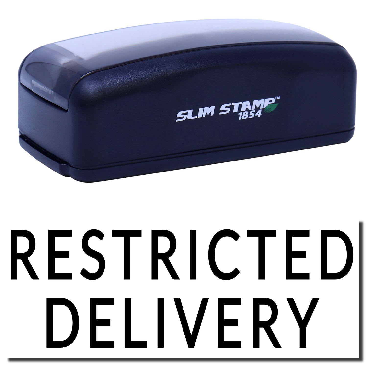 Large Pre-Inked Restricted Delivery Stamp in black with SLIM STAMP 1854 branding, shown above a stamped RESTRICTED DELIVERY text.