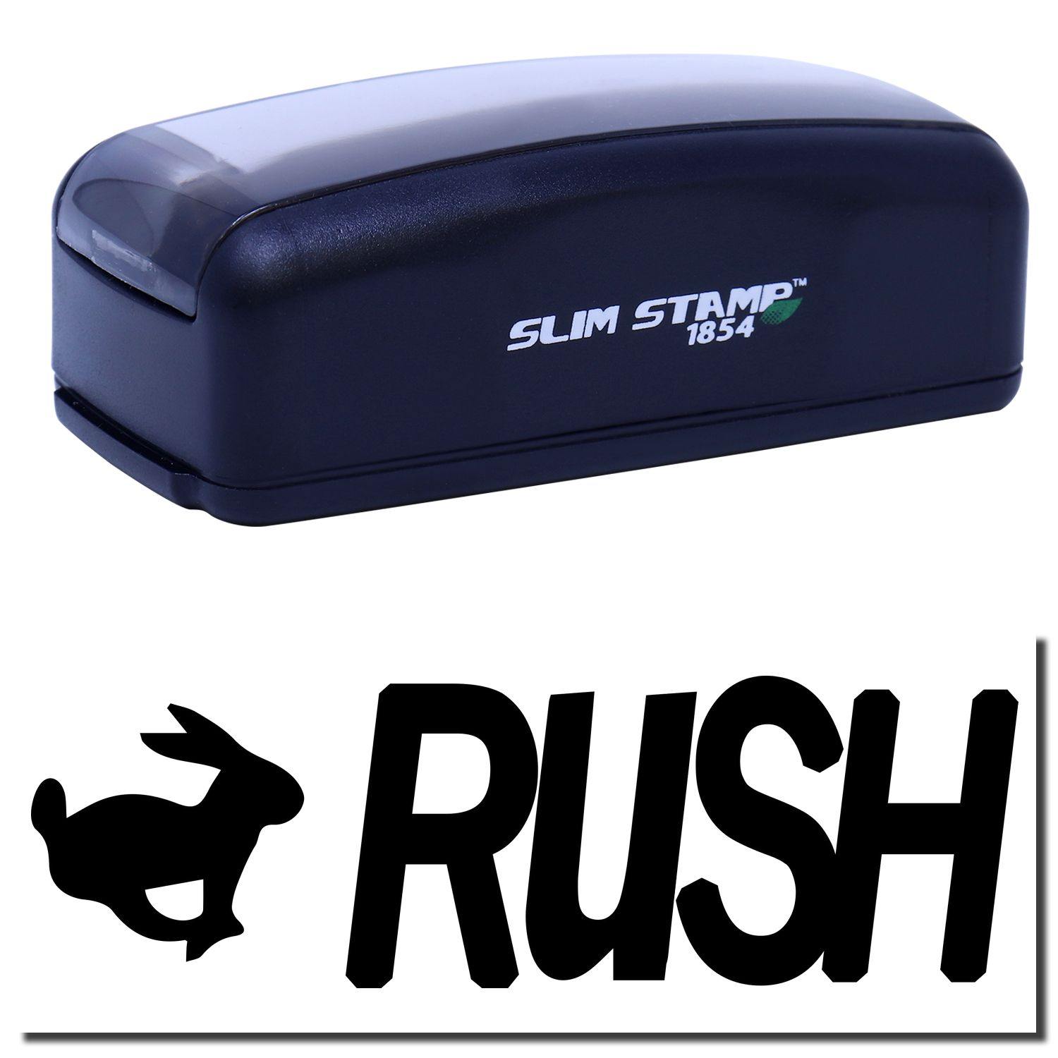 Large Pre-Inked Rush with Rabbit Stamp, black, compact design, featuring a rabbit icon and the word RUSH in bold letters.