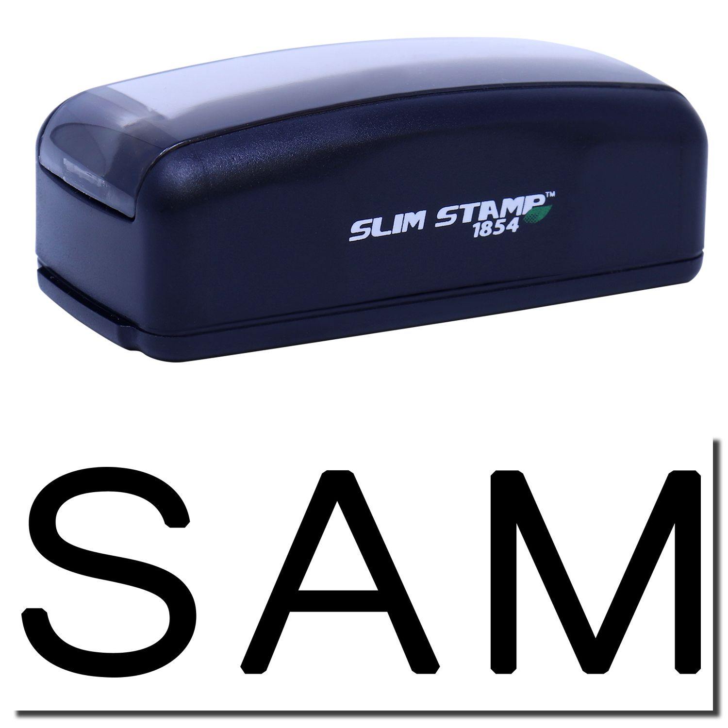 Large Pre-Inked SAM Stamp in black with SLIM STAMP 1854 text on the side, shown with a sample SAM imprint below.