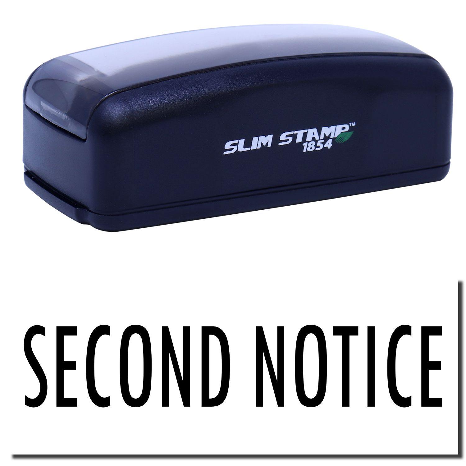 Large Pre-Inked Second Notice Stamp in black with SECOND NOTICE text below. Compact design, ideal for office use.