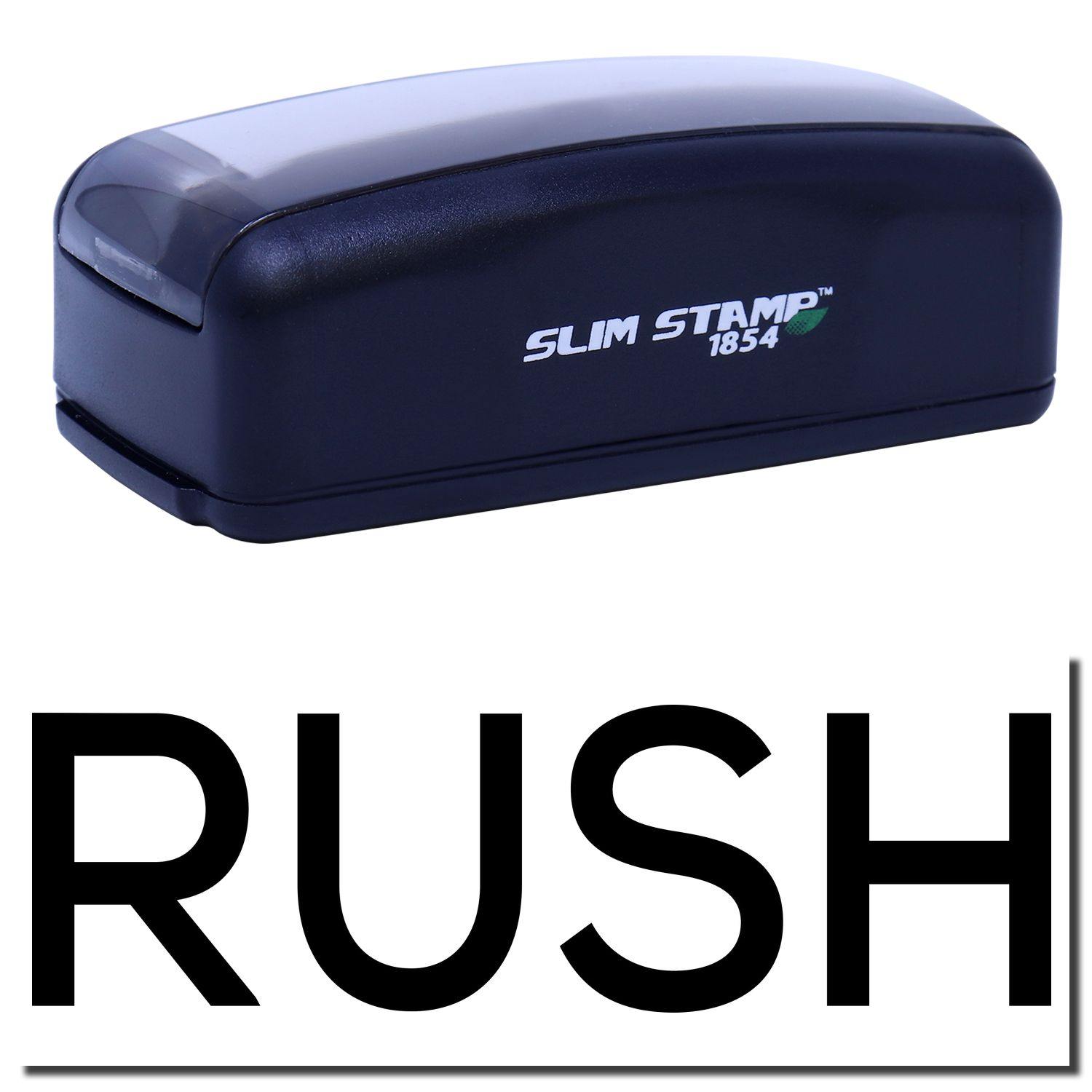 Large Pre-Inked Skinny Rush Stamp in black with RUSH text imprint, featuring a compact design and Slim Stamp 1854 branding.